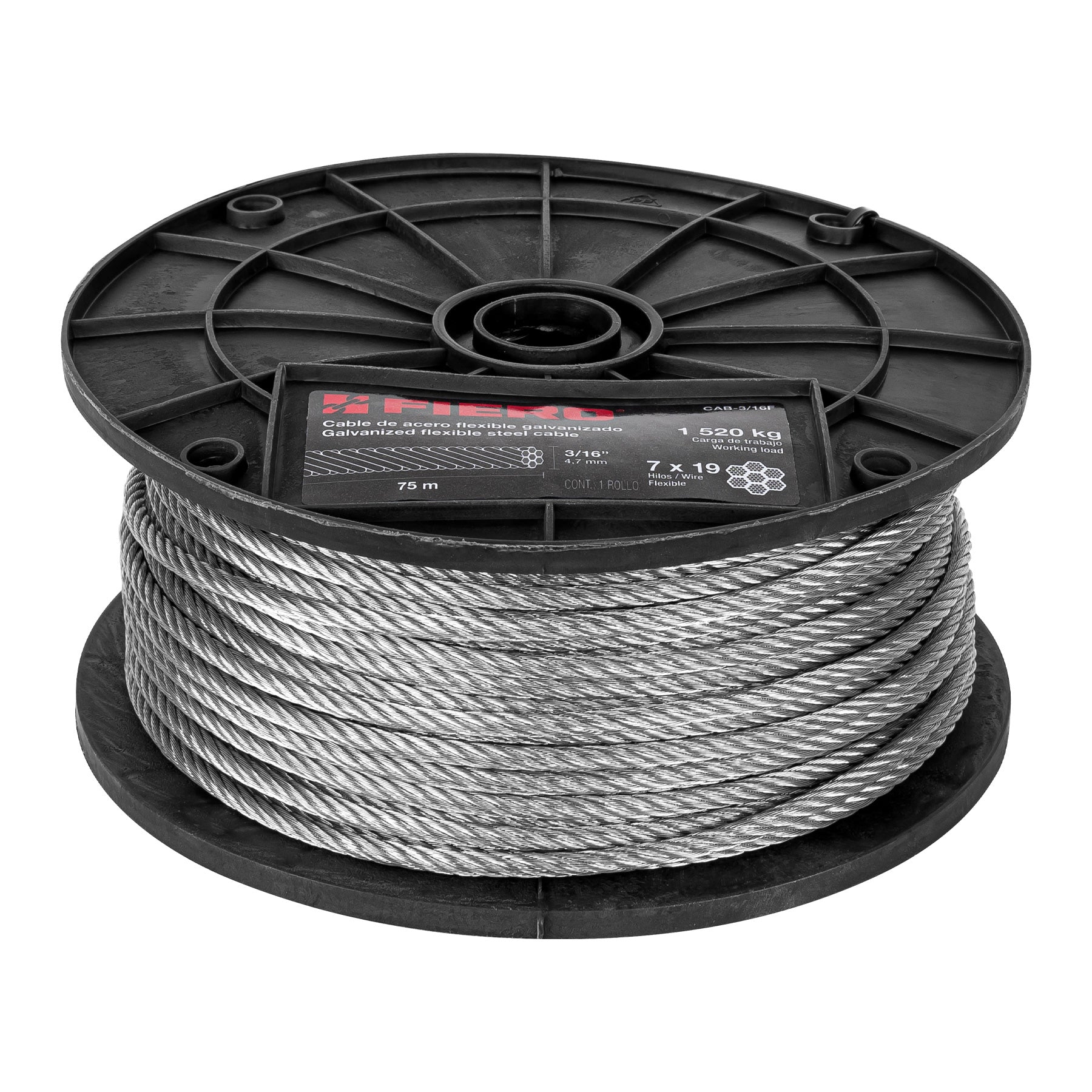 Metro de cable flexible 3/16" de acero 7x19 hilos, 75 m