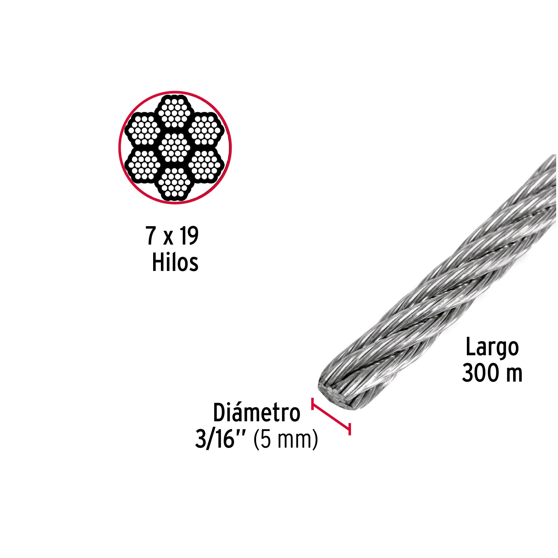 Metro de cable flexible 3/16" de acero 7x19 hilos, 300 m