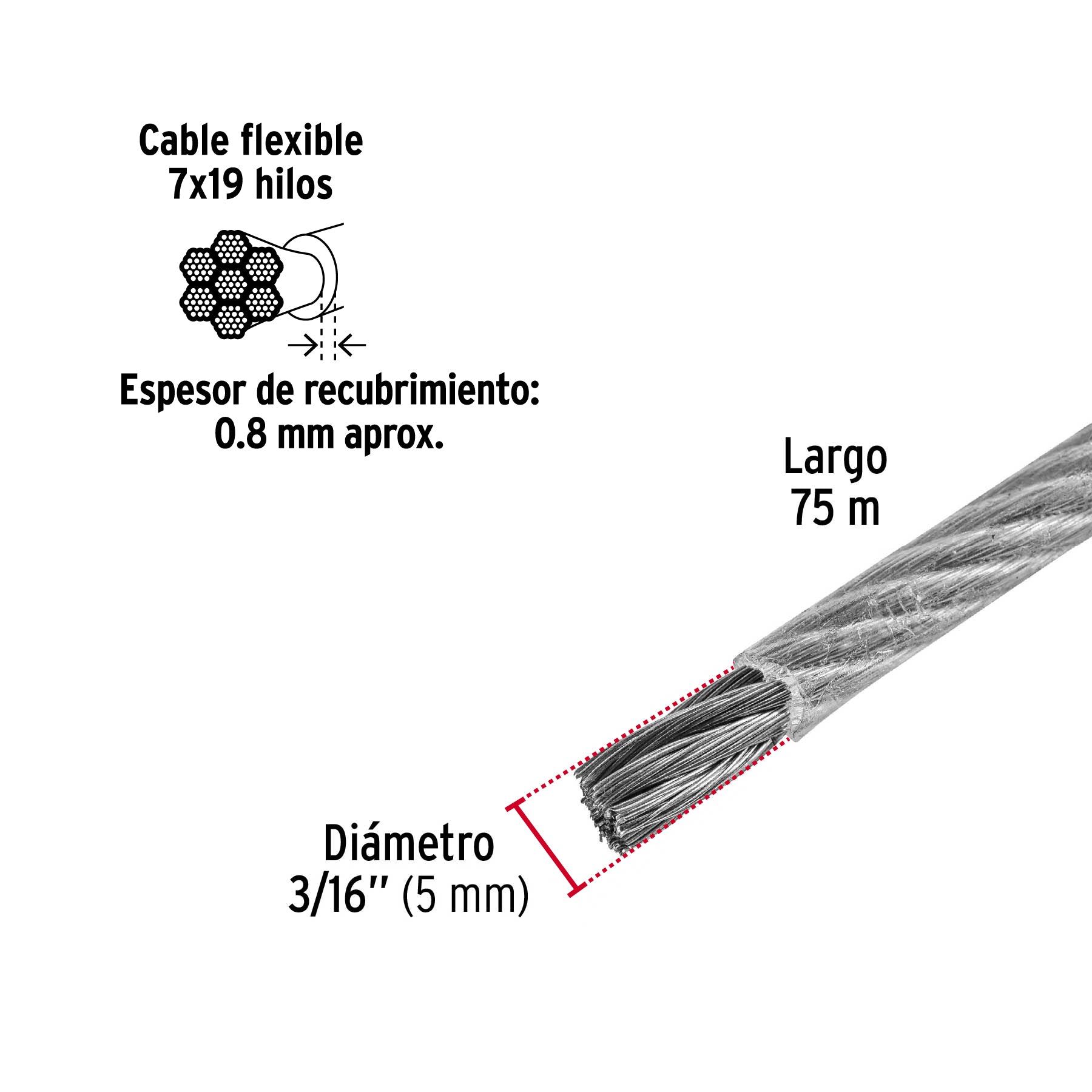 Metro cable flexible 3/16" acero 7x19 recubierto PVC, 75 m