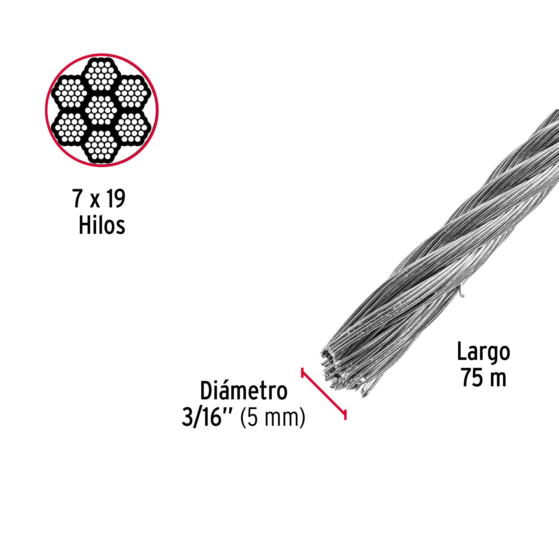 Metro de cable flexible 3/16" de acero 7x19 hilos, 75 m
