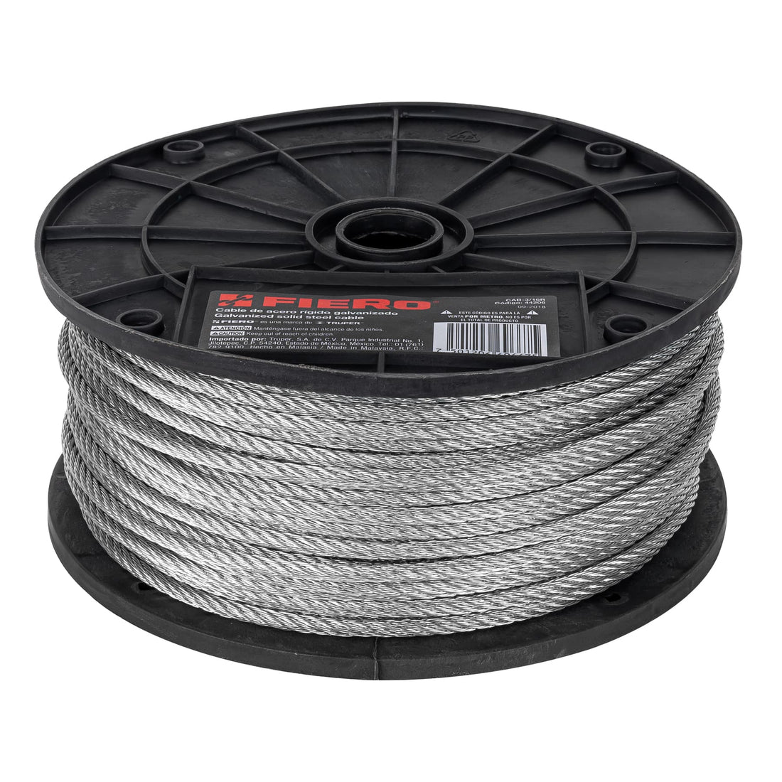 Metro de cable rígido 3/16" de acero 7x7 hilos, 75 m, FIERO