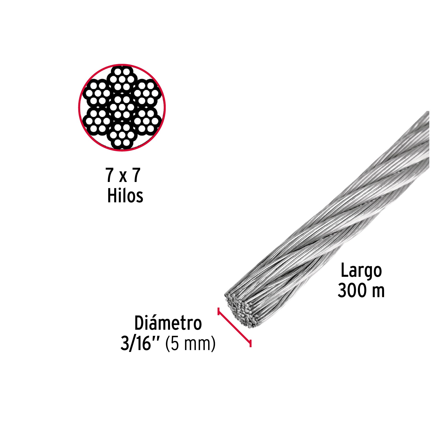 Metro de cable rígido 3/16" de acero 7x7 hilos, 300 m, FIERO