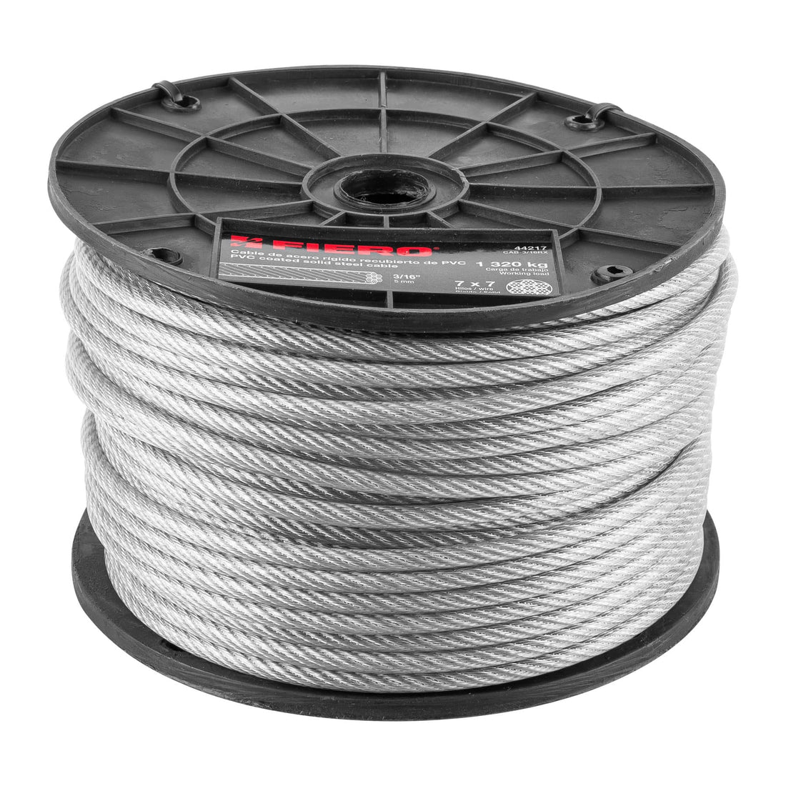 Metro de cable rígido 3/16" acero 7x7 recubierto PVC, 75 m