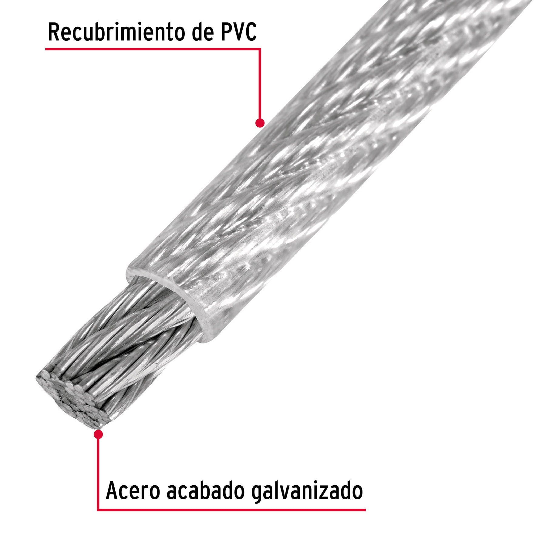 Metro de cable rígido 3/16" acero 7x7 recubierto PVC, 75 m