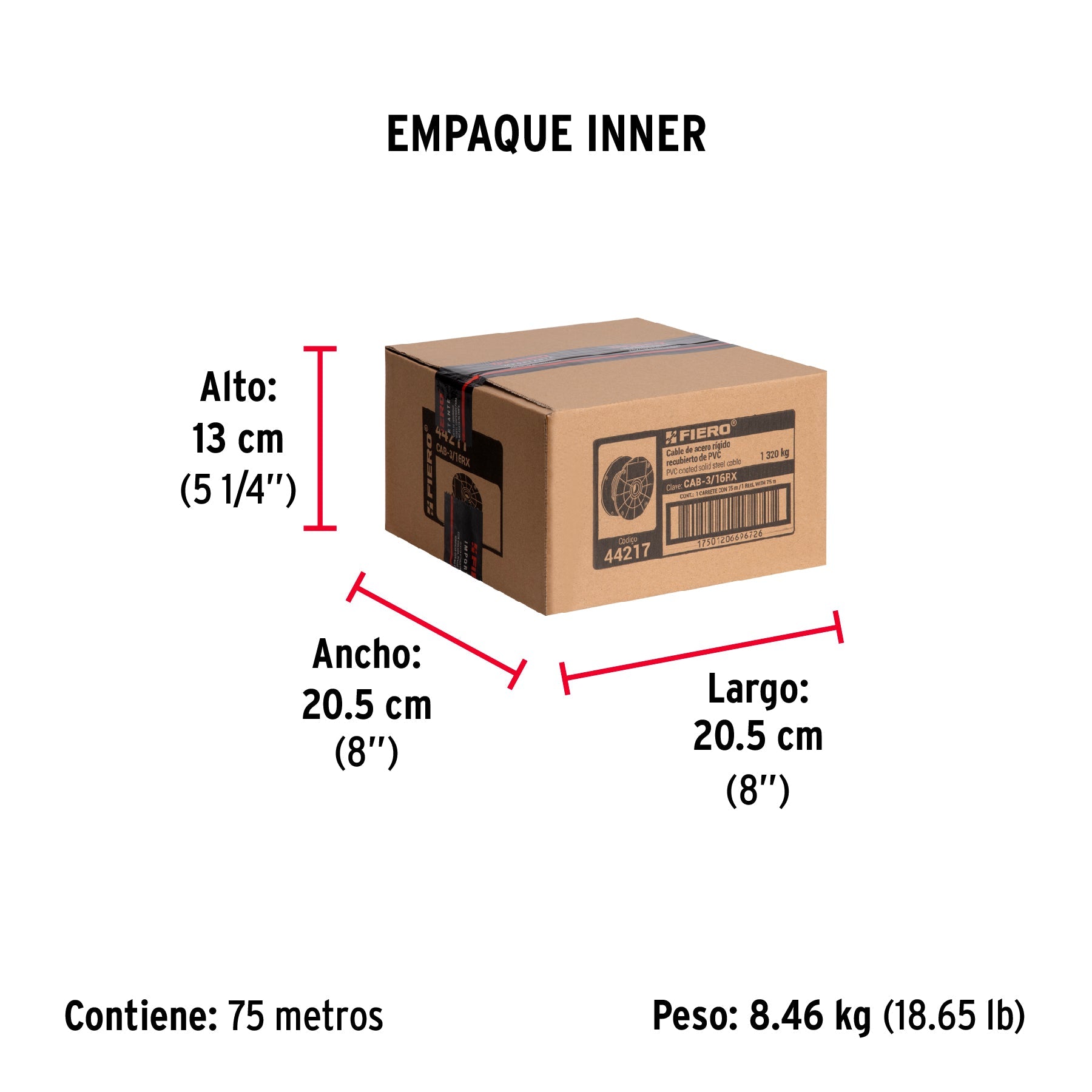 Metro de cable rígido 3/16" acero 7x7 recubierto PVC, 75 m - Empaque