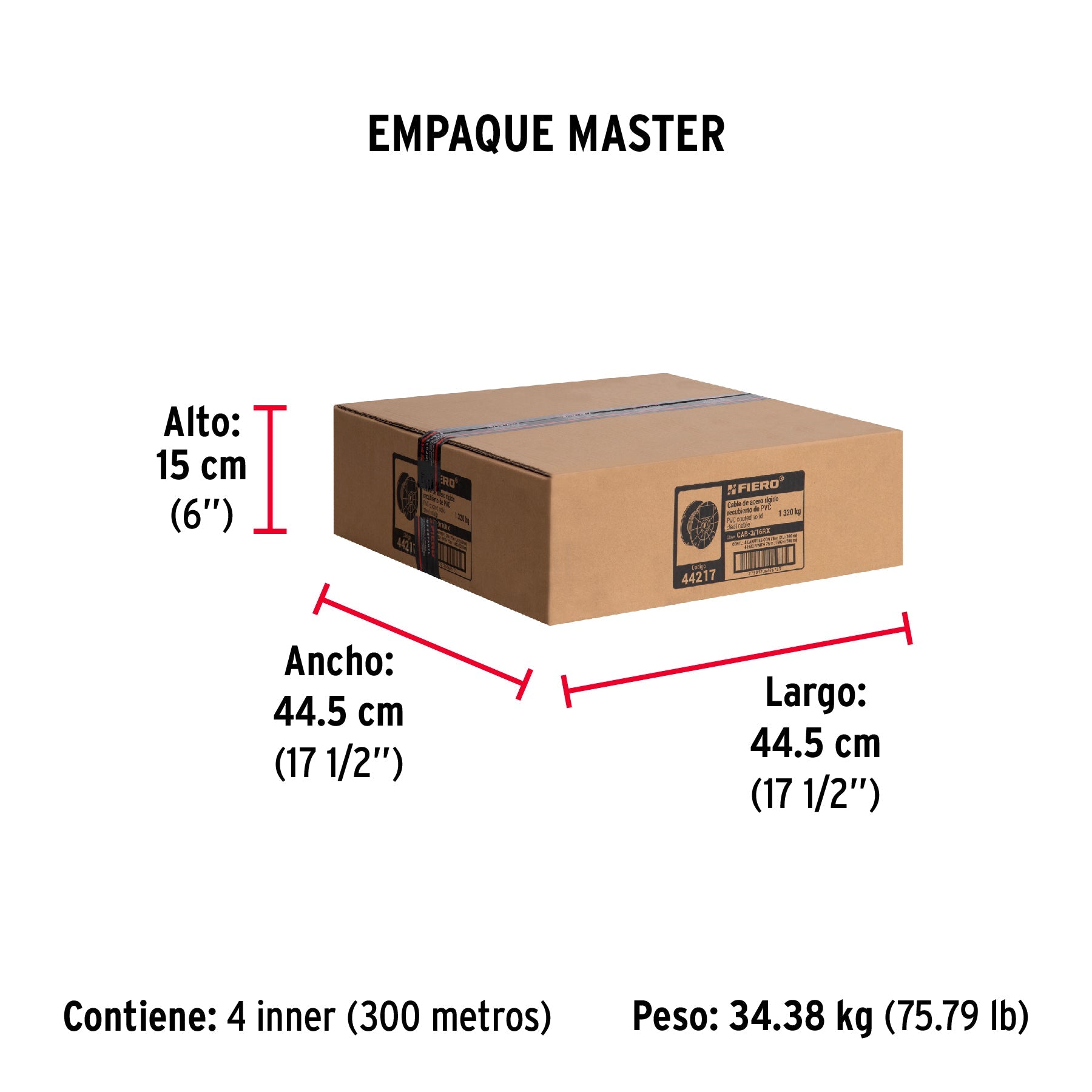 Metro de cable rígido 3/16" acero 7x7 recubierto PVC, 75 m - Empaque