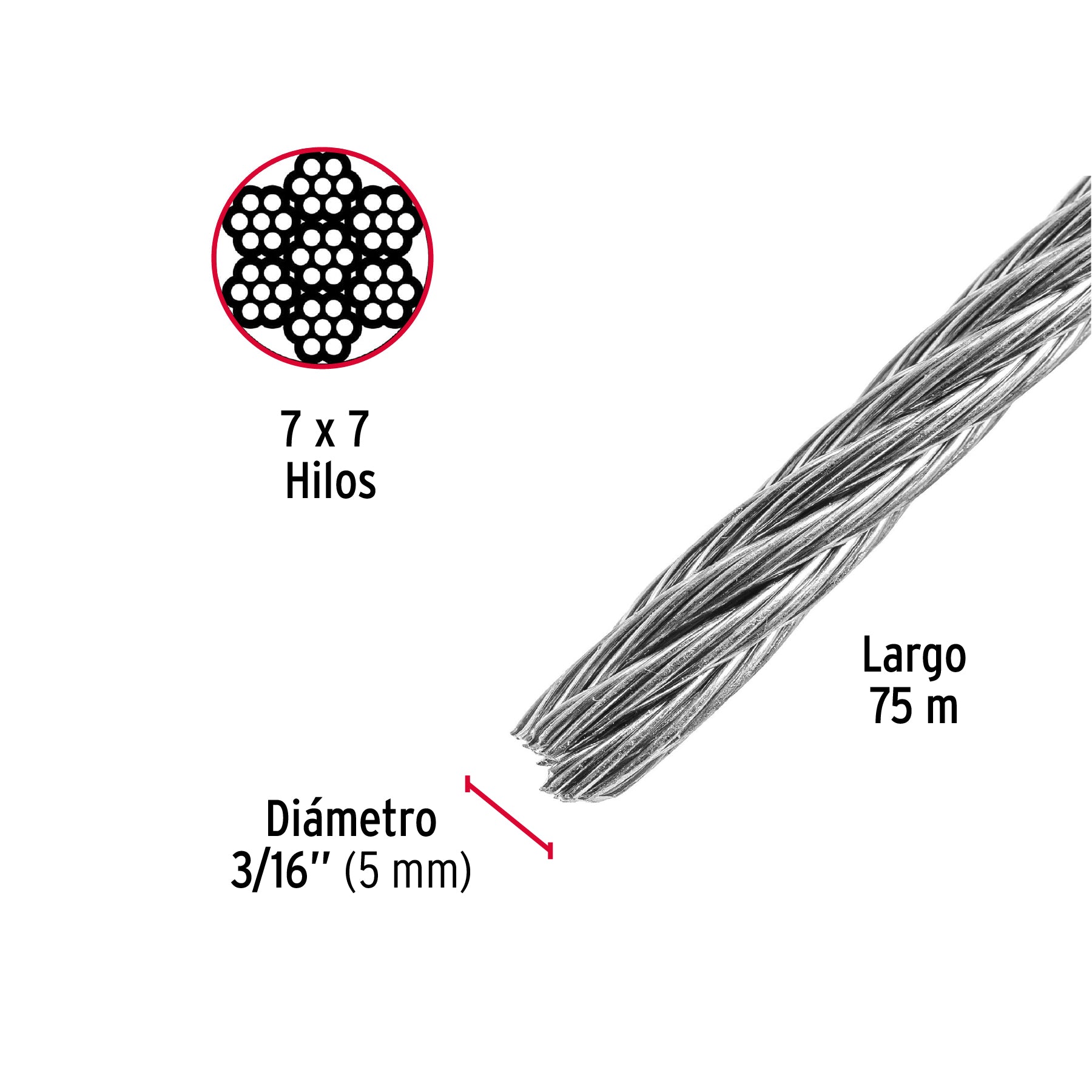 Metro de cable rígido 3/16" de acero 7x7 hilos, 75 m, FIERO