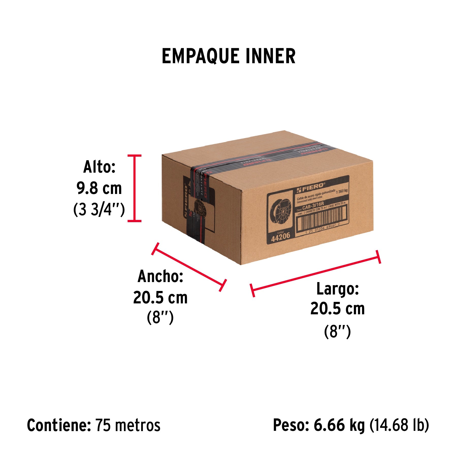 Metro de cable rígido 3/16" de acero 7x7 hilos, 75 m, FIERO - Empaque