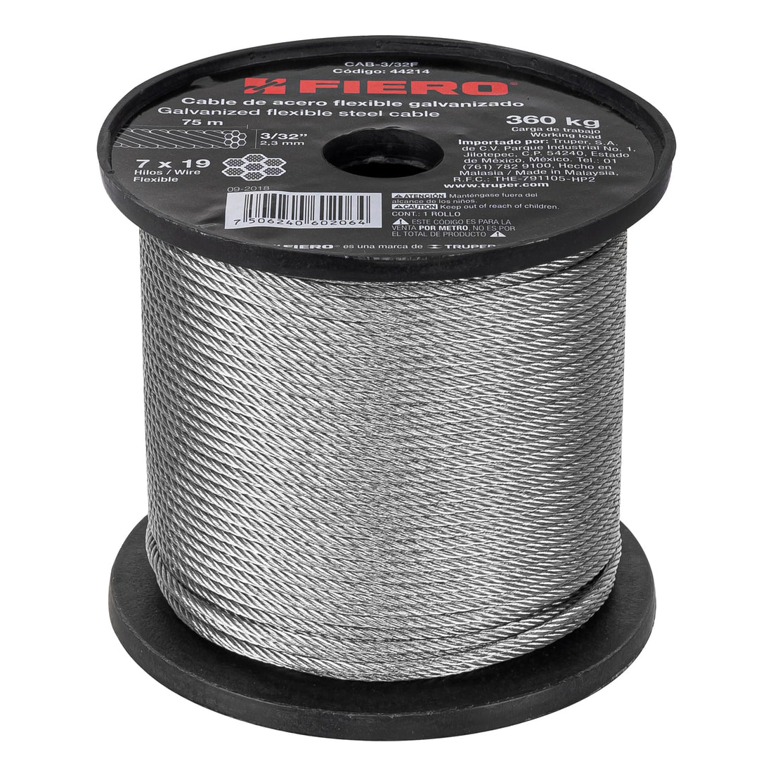 Metro de cable flexible 3/32" de acero 7x19 hilos, 75 m