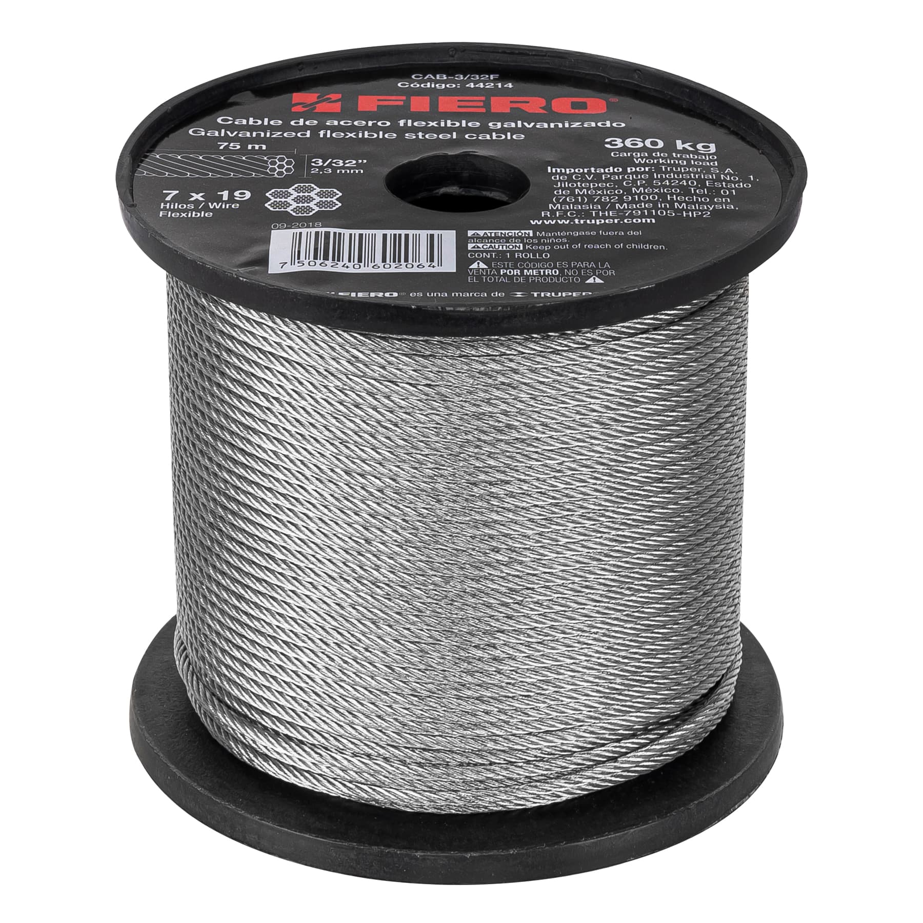 Metro de cable flexible 3/32" de acero 7x19 hilos, 75 m