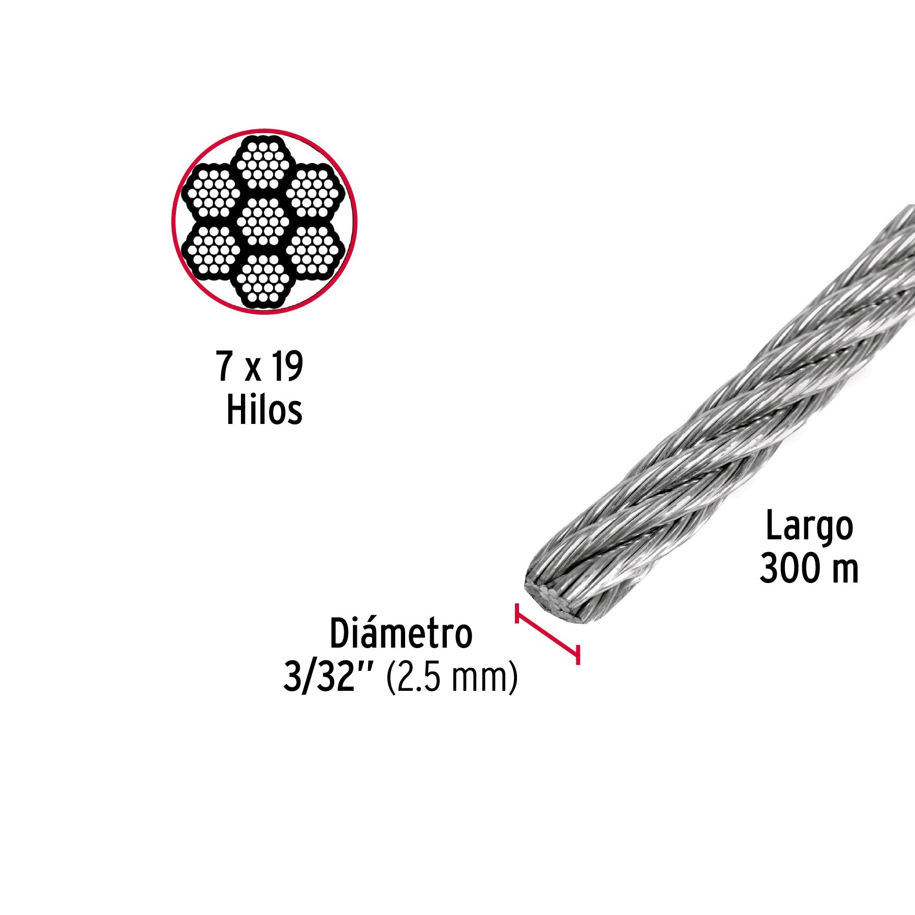 Metro de cable flexible 3/32" de acero 7x19 hilos, 300 m