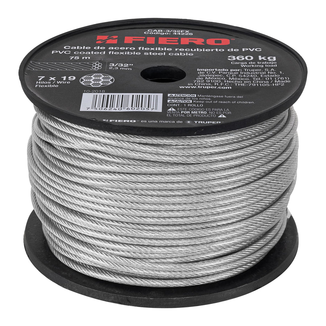 Metro cable flexible 3/32" acero 7x19 recubierto PVC, 75 m