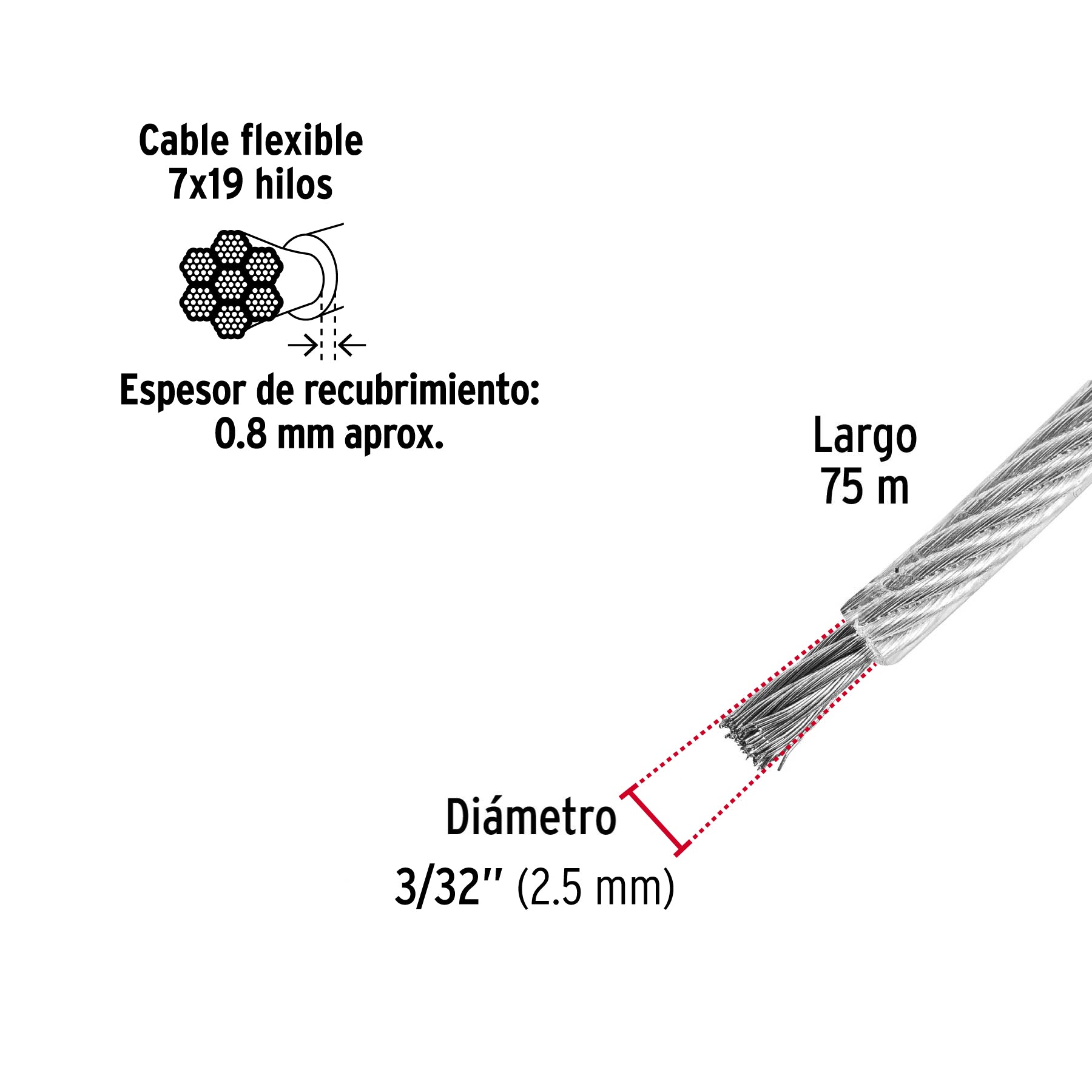 Metro cable flexible 3/32" acero 7x19 recubierto PVC, 75 m