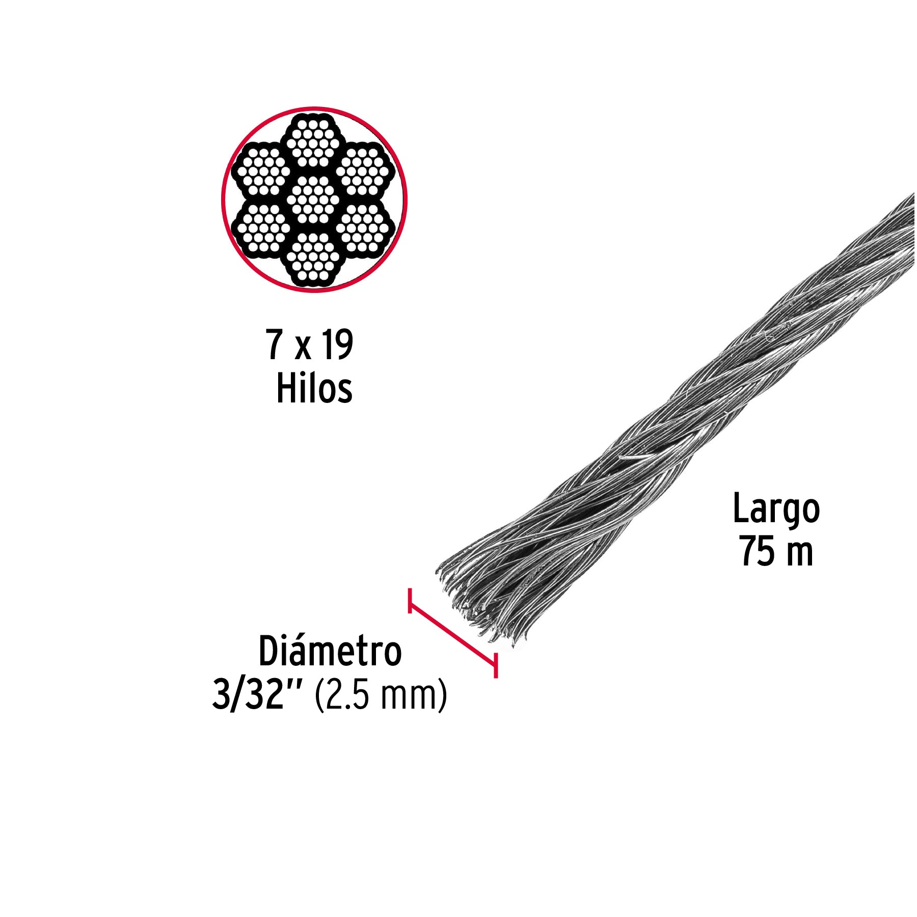 Metro de cable flexible 3/32" de acero 7x19 hilos, 75 m