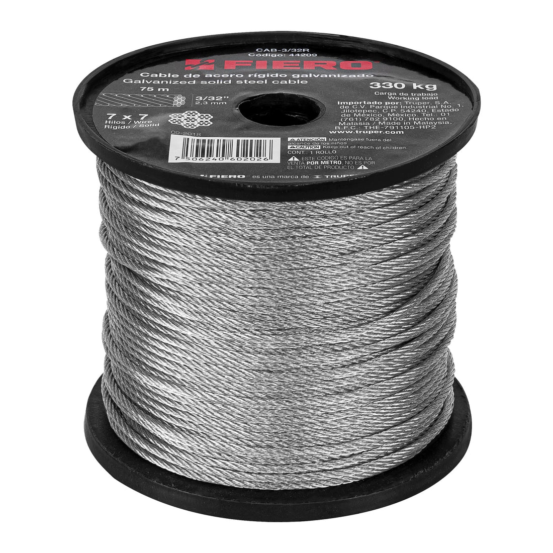 Metro de cable rígido 3/32" de acero 7x7 hilos, 75 m, FIERO
