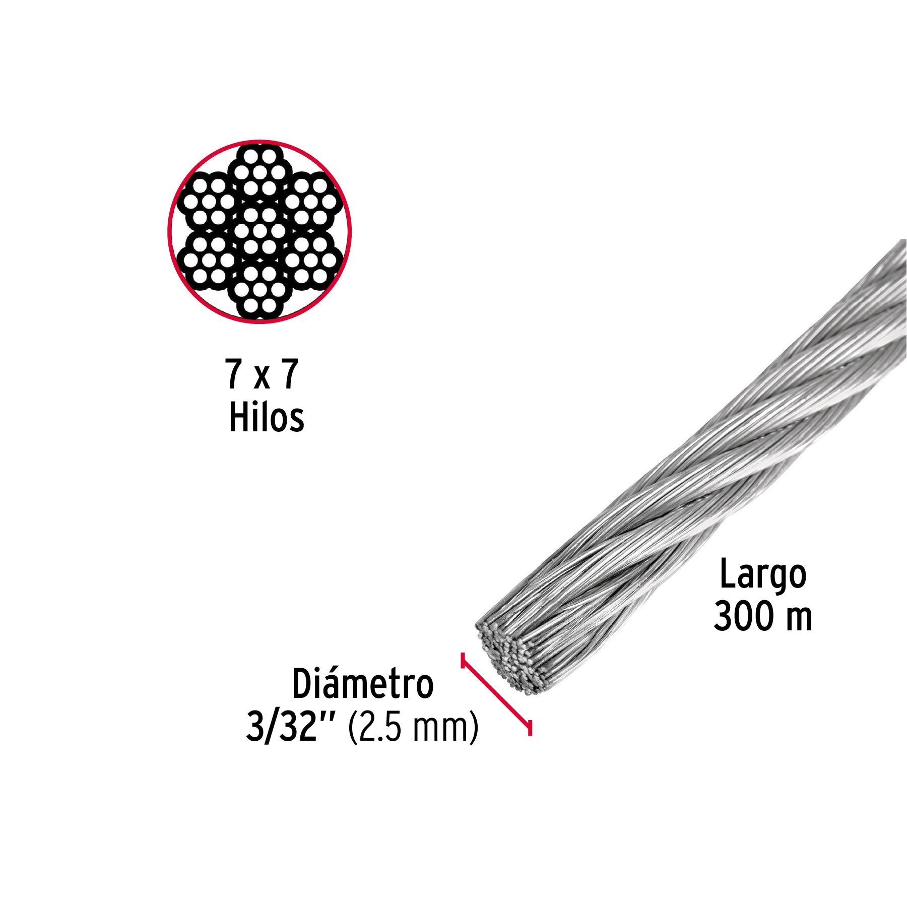 Metro de cable rígido 3/32" de acero 7x7 hilos, 300 m, FIERO