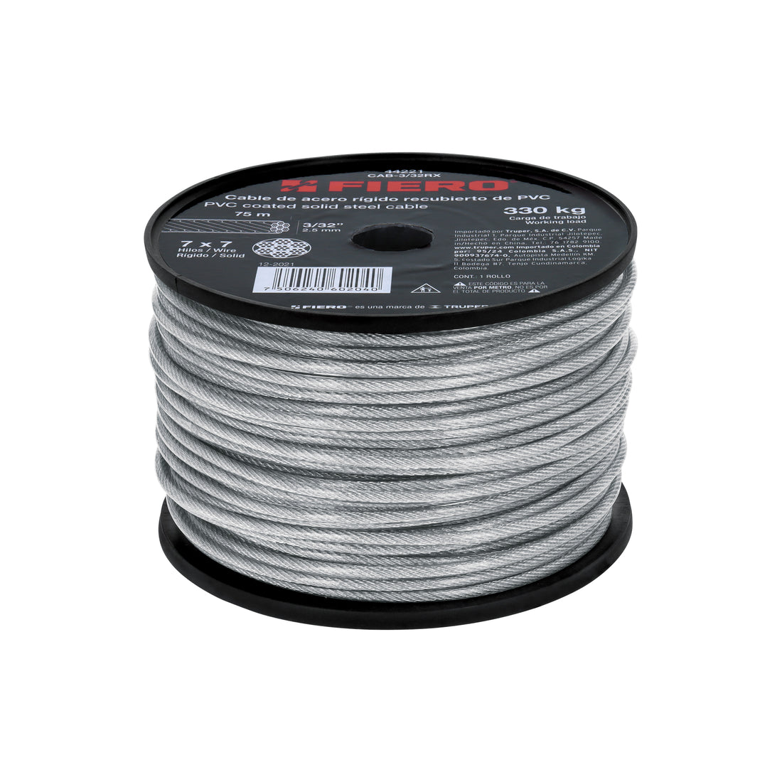 Metro de cable rígido 3/32" acero 7x7 recubierto PVC, 75 m