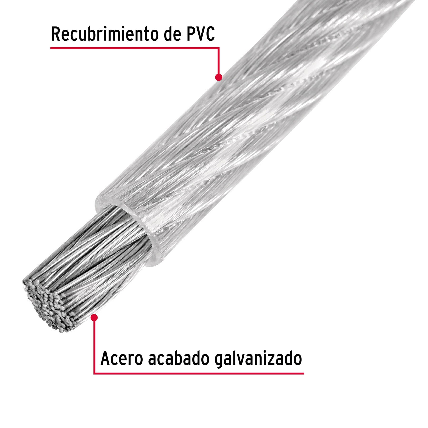 Metro de cable rígido 3/32" acero 7x7 recubierto PVC, 300 m