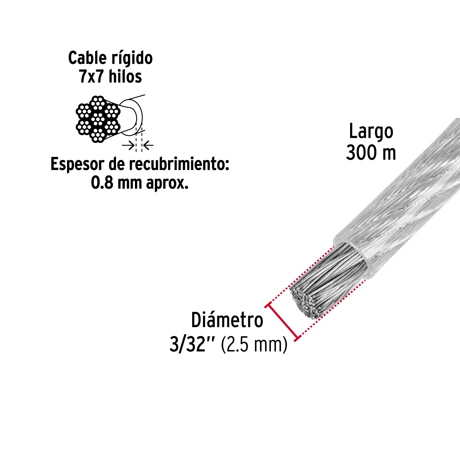 Metro de cable rígido 3/32" acero 7x7 recubierto PVC, 300 m