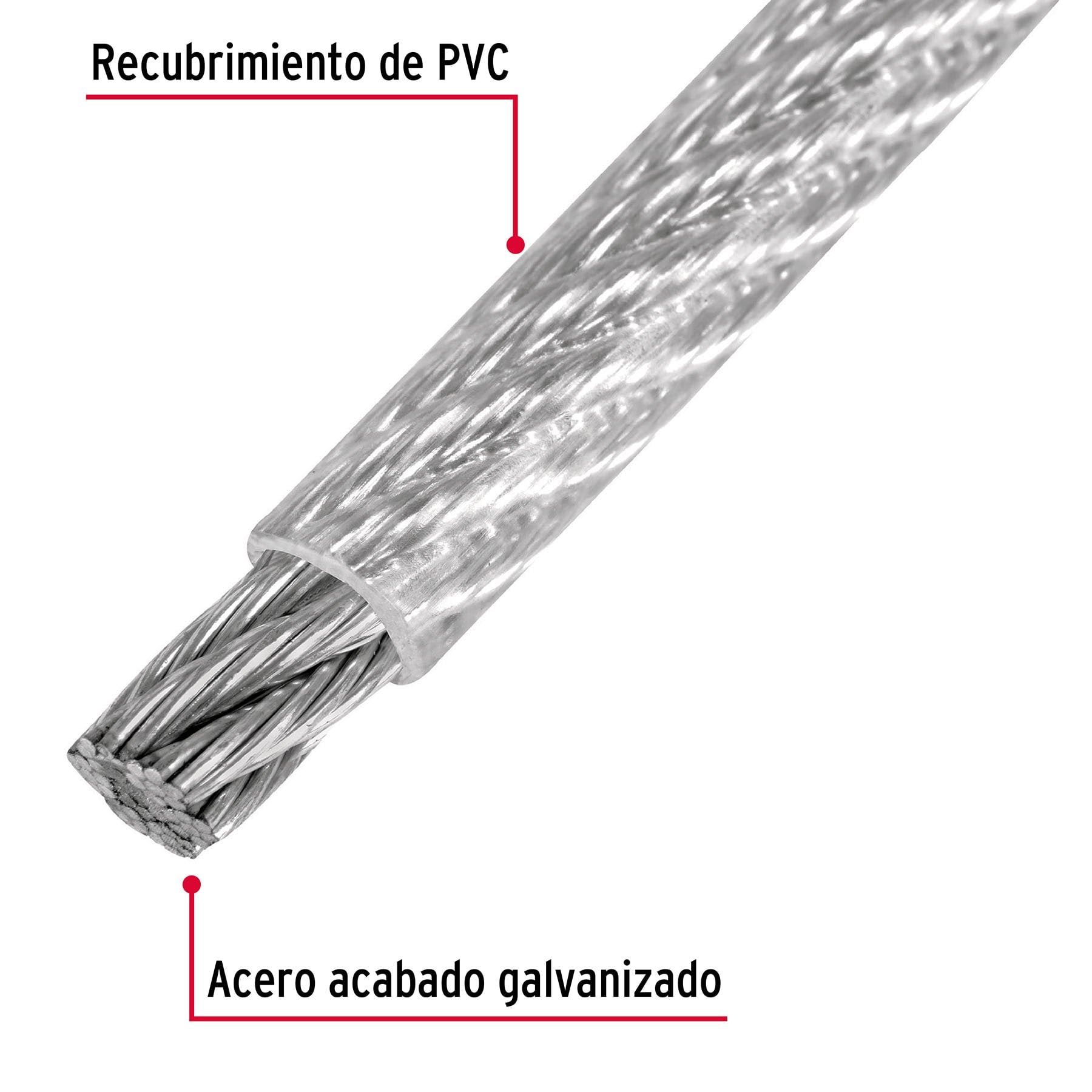 Metro de cable rígido 3/32" acero 7x7 recubierto PVC, 75 m