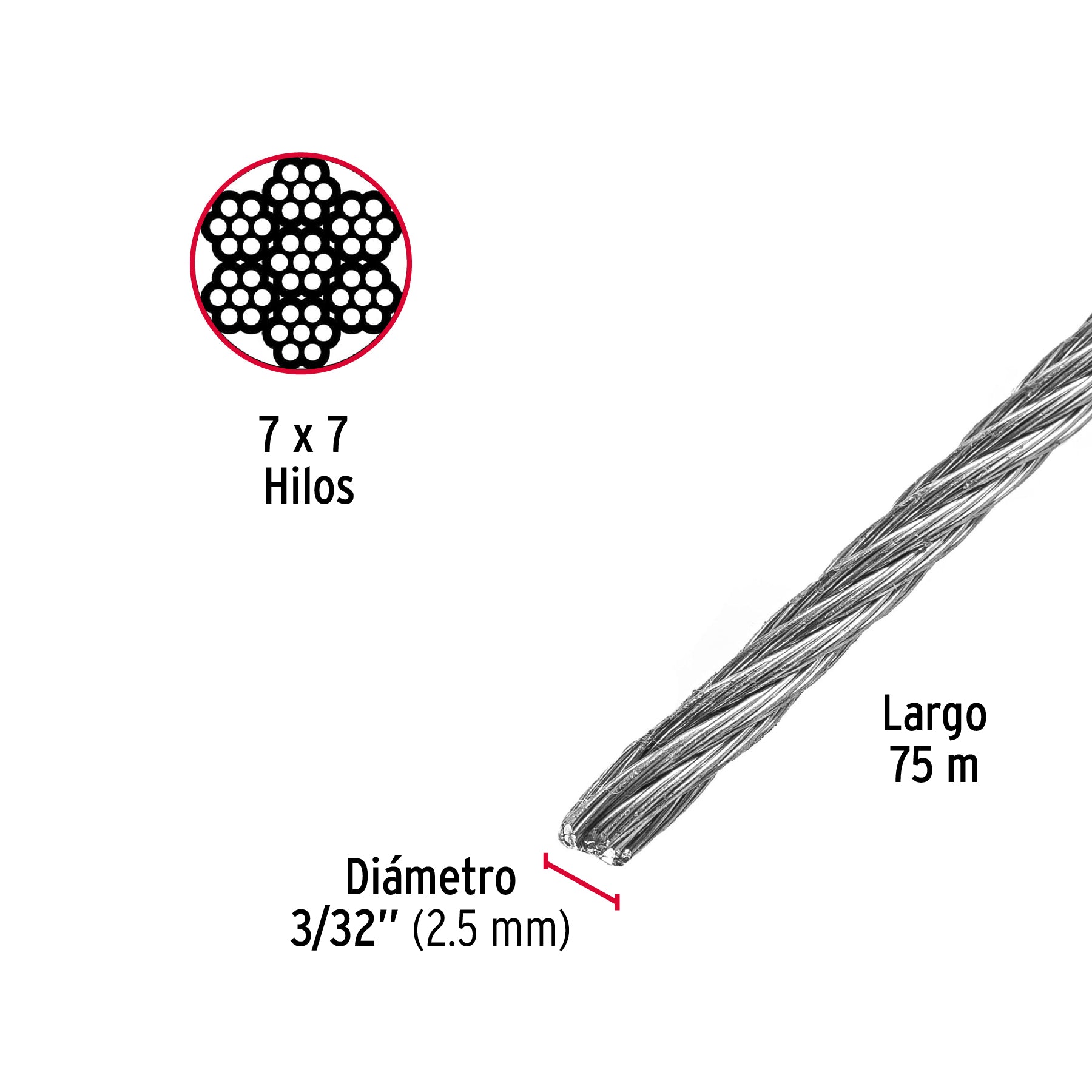 Metro de cable rígido 3/32" de acero 7x7 hilos, 75 m, FIERO