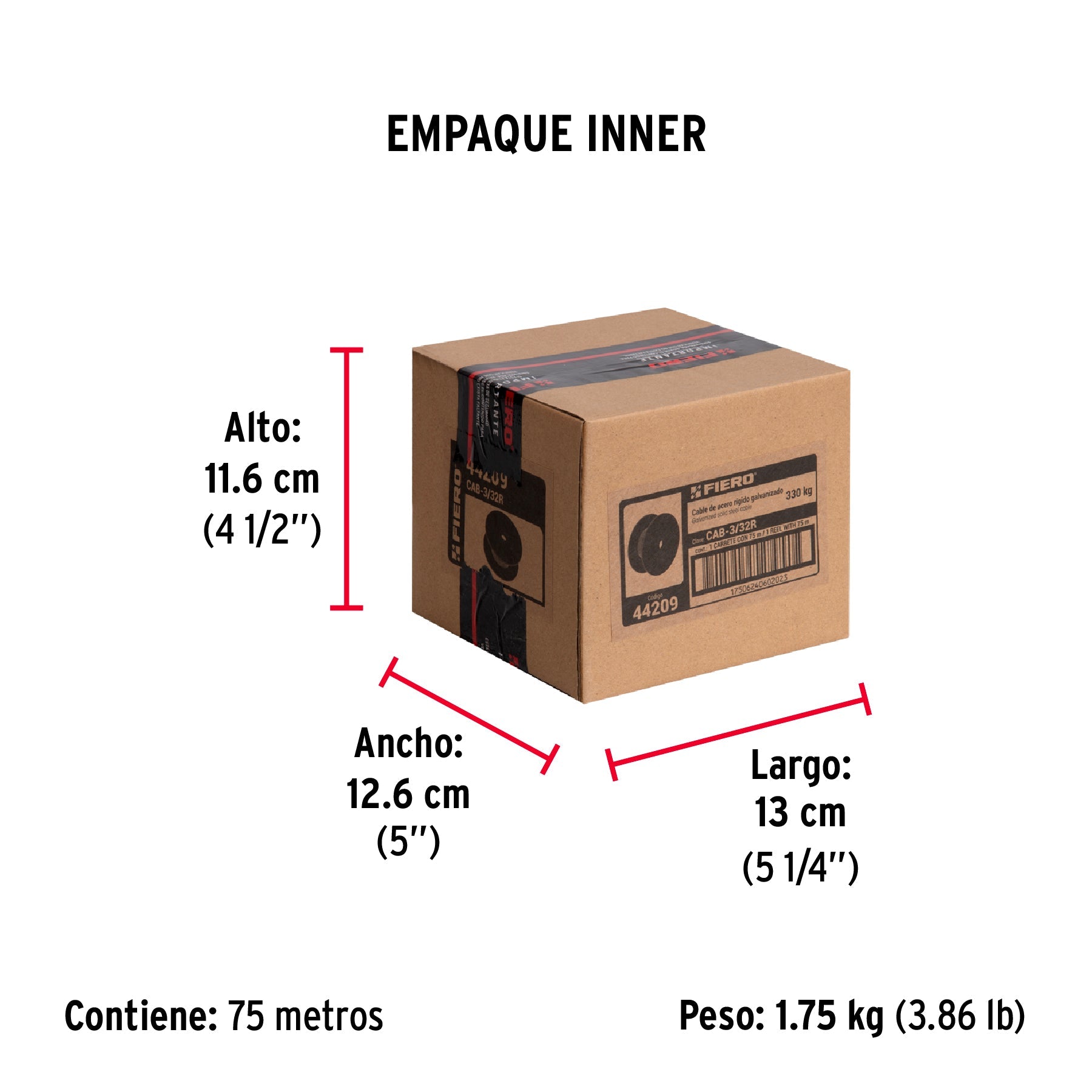 Metro de cable rígido 3/32" de acero 7x7 hilos, 75 m, FIERO - Empaque