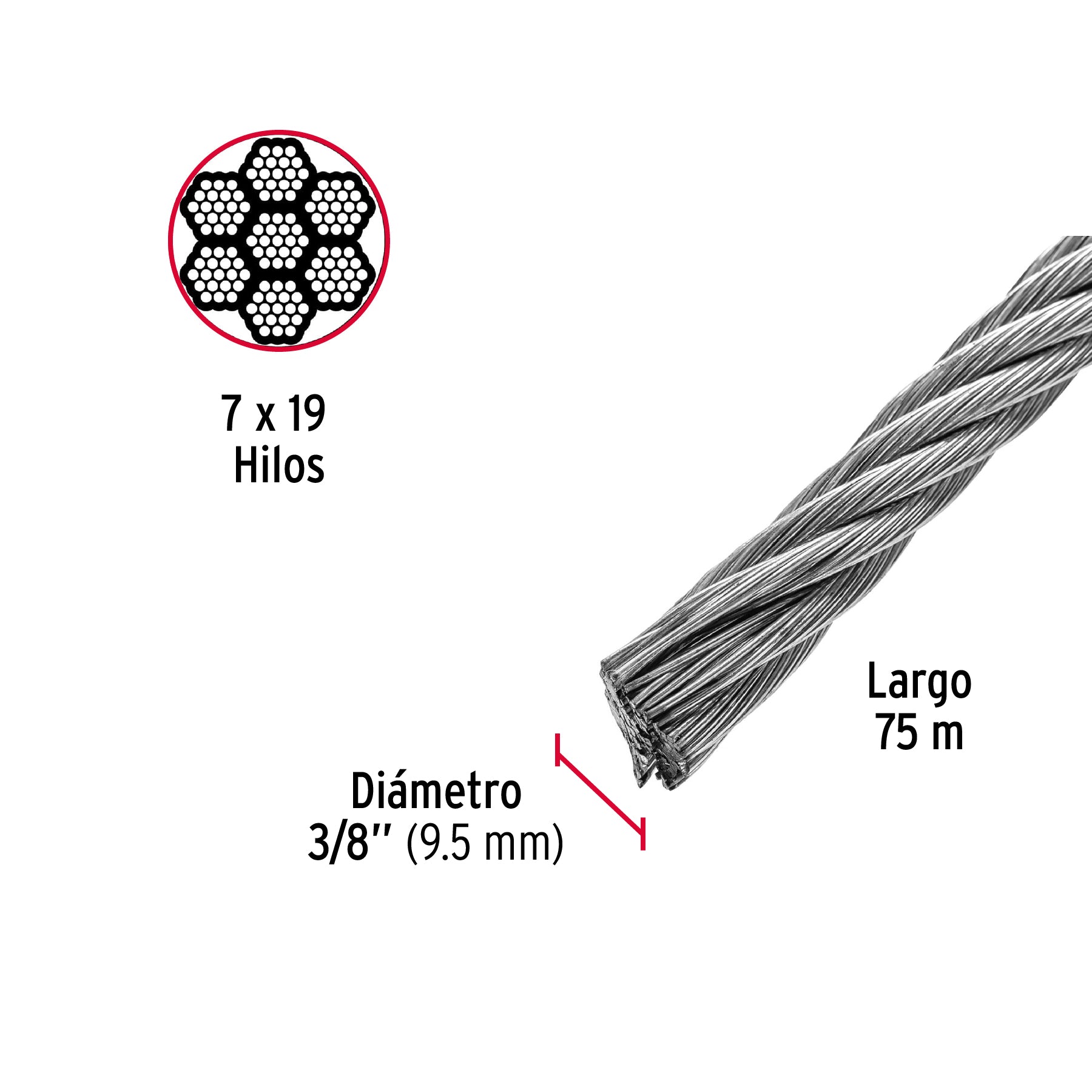 Metro de cable flexible 3/8" de acero 7x19 hilos, 75 m