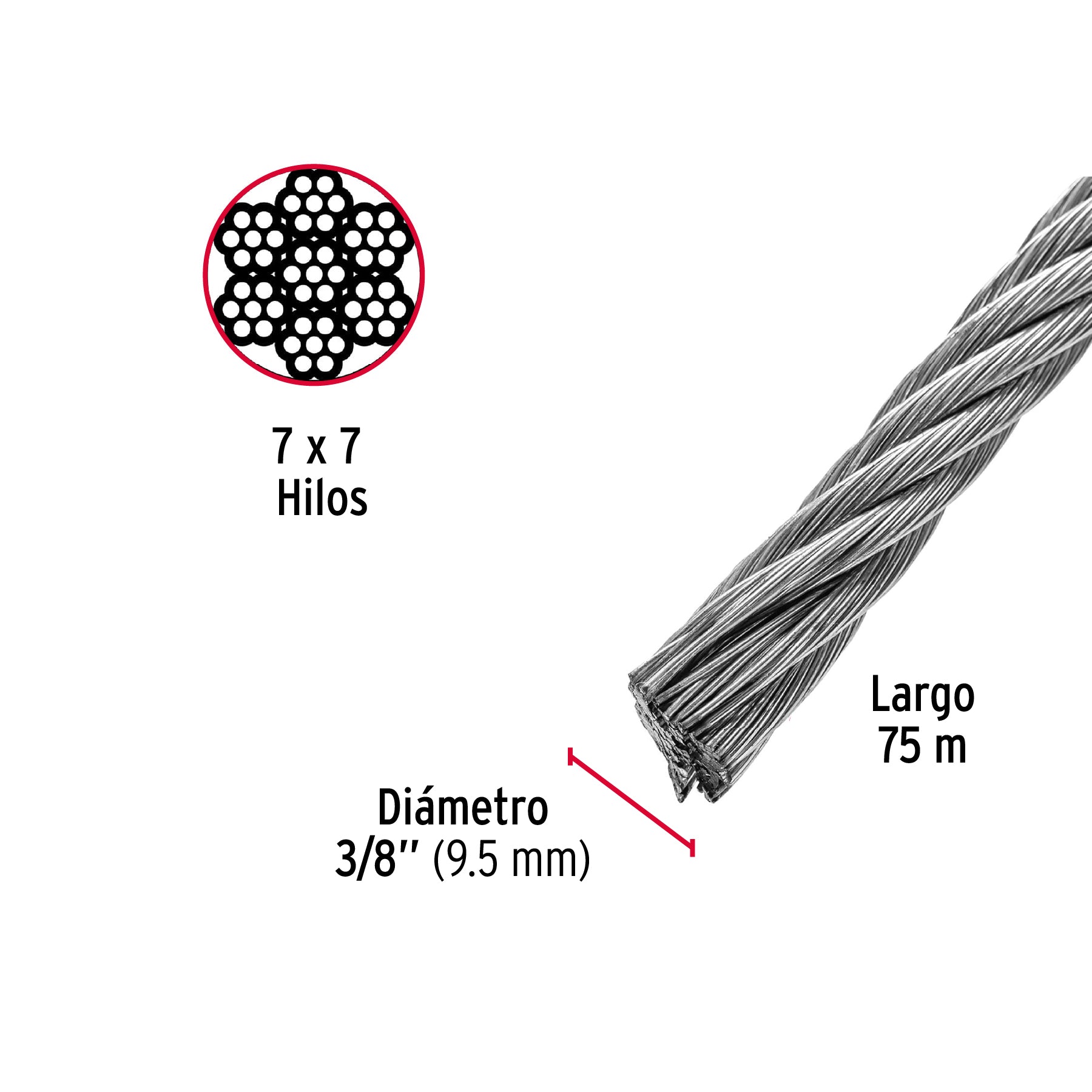 Metro de cable rígido 3/8" de acero 7x7 hilos, 75 m, FIERO
