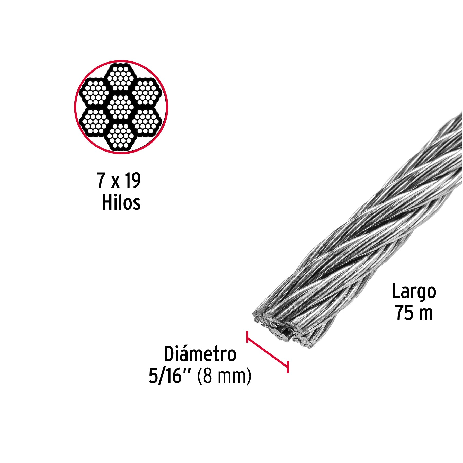 Metro de cable flexible 5/16" de acero 7x19 hilos, 75 m