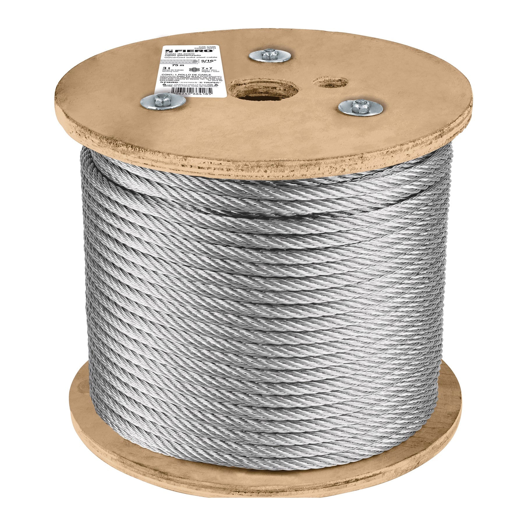 Metro de cable rígido 5/16" de acero 7x7 hilos, 75 m, FIERO
