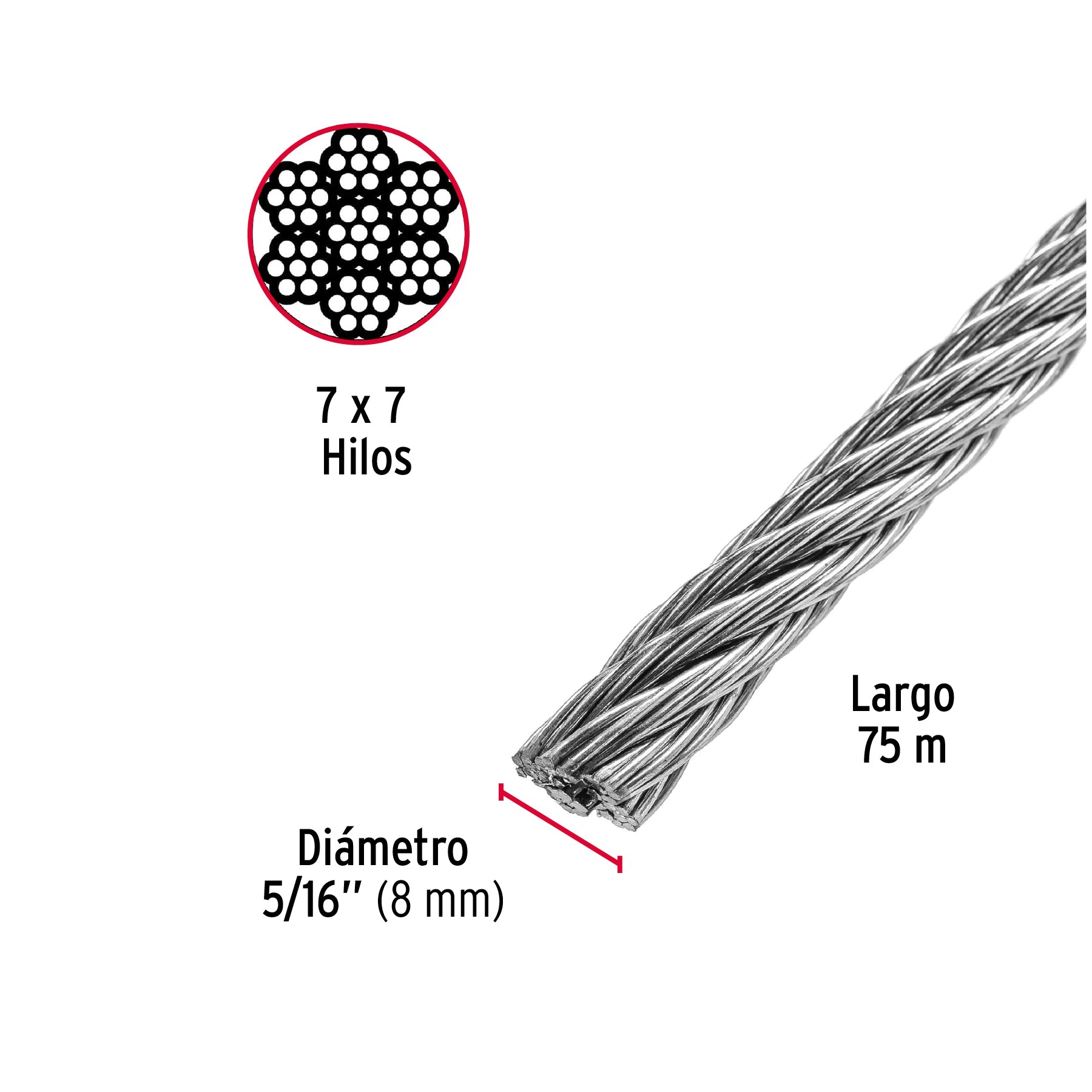 Metro de cable rígido 5/16" de acero 7x7 hilos, 75 m, FIERO