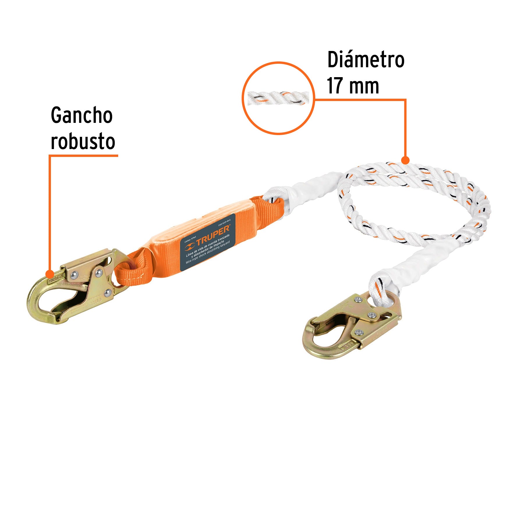 Línea de vida 1.8m cuerda poliéster, absorbedor impacto,ANSI
