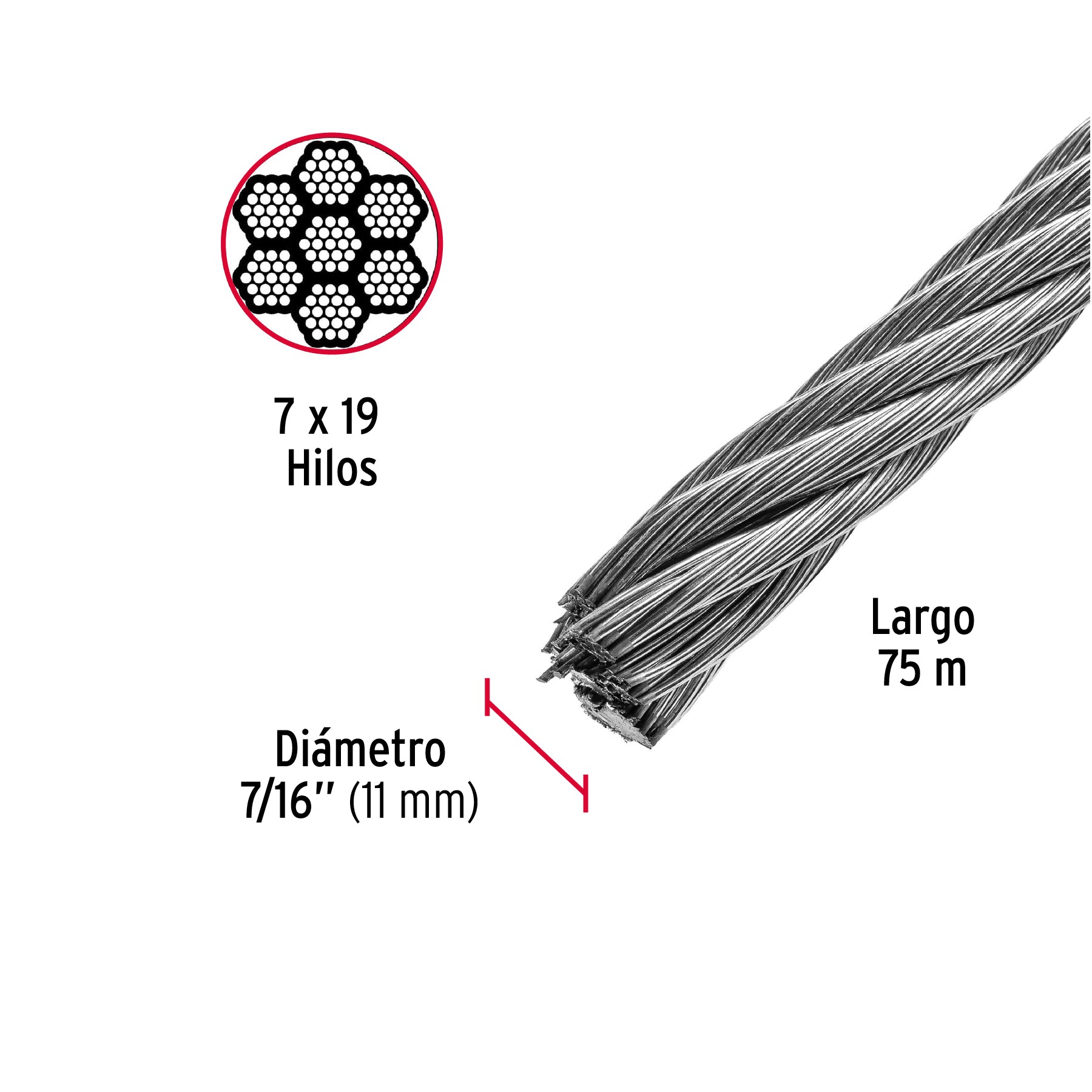 Metro de cable flexible 7/16" de acero 7x19 hilos, 75 m