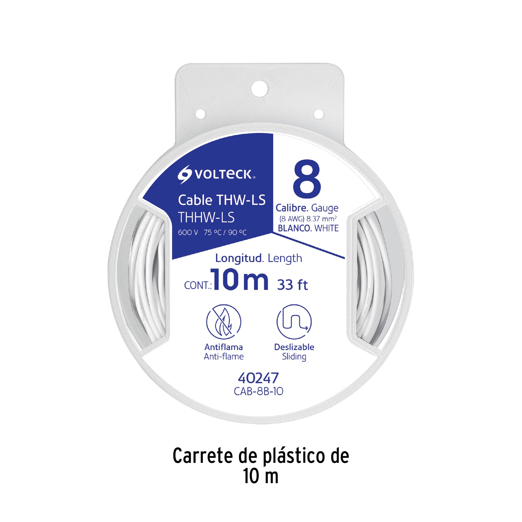 Carrete con 10 m de cable THHW-LS 8 AWG blanco, VOLTECK