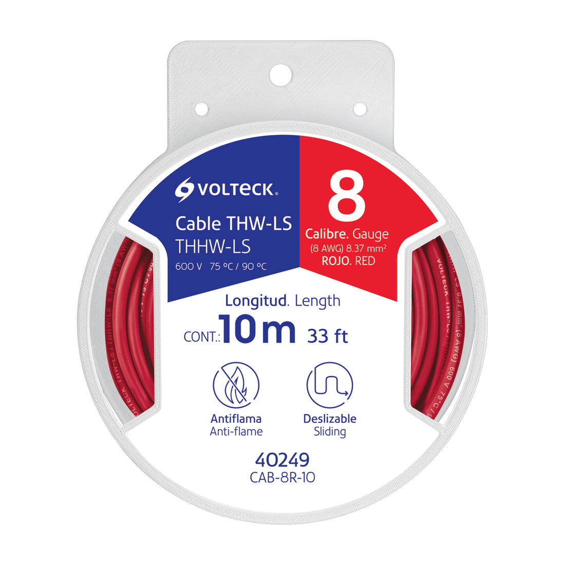 Carrete con 10 m de cable THHW-LS 8 AWG rojo, VOLTECK