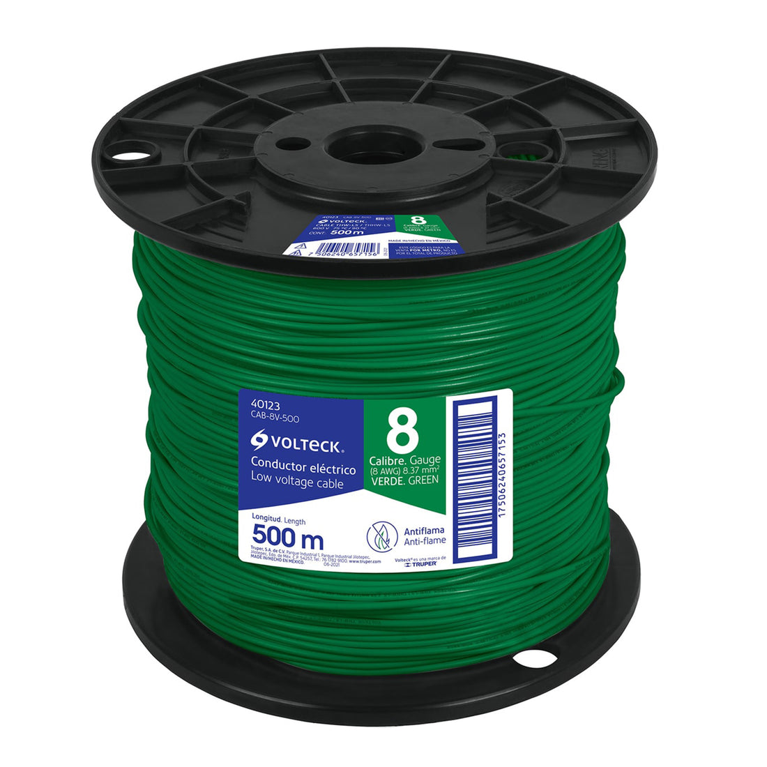 Metro de cable THHW-LS 8 AWG verde en carrete de 500 m