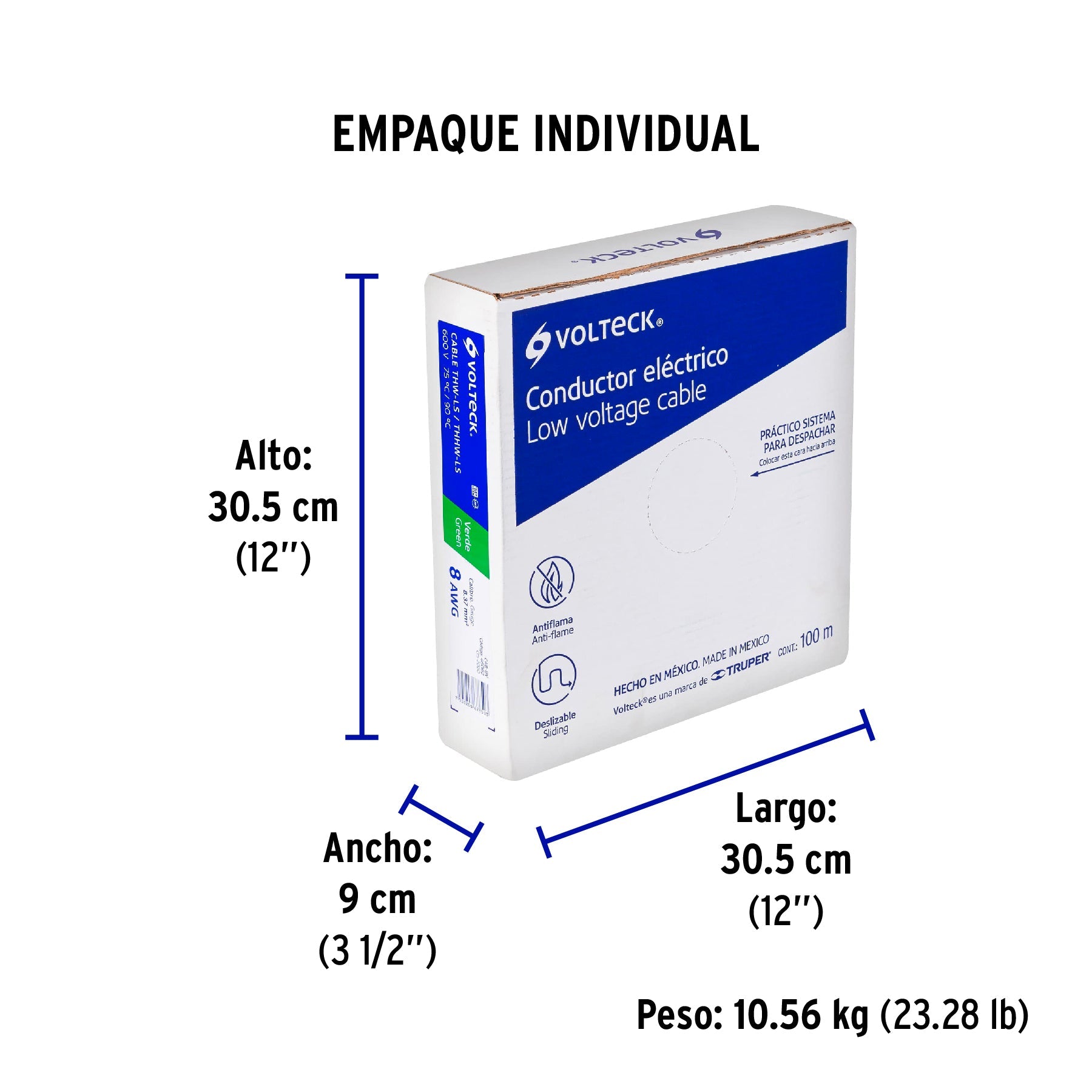 Rollo de 100 m de cable THHW-LS 8 AWG verde, VOLTECK - Empaque