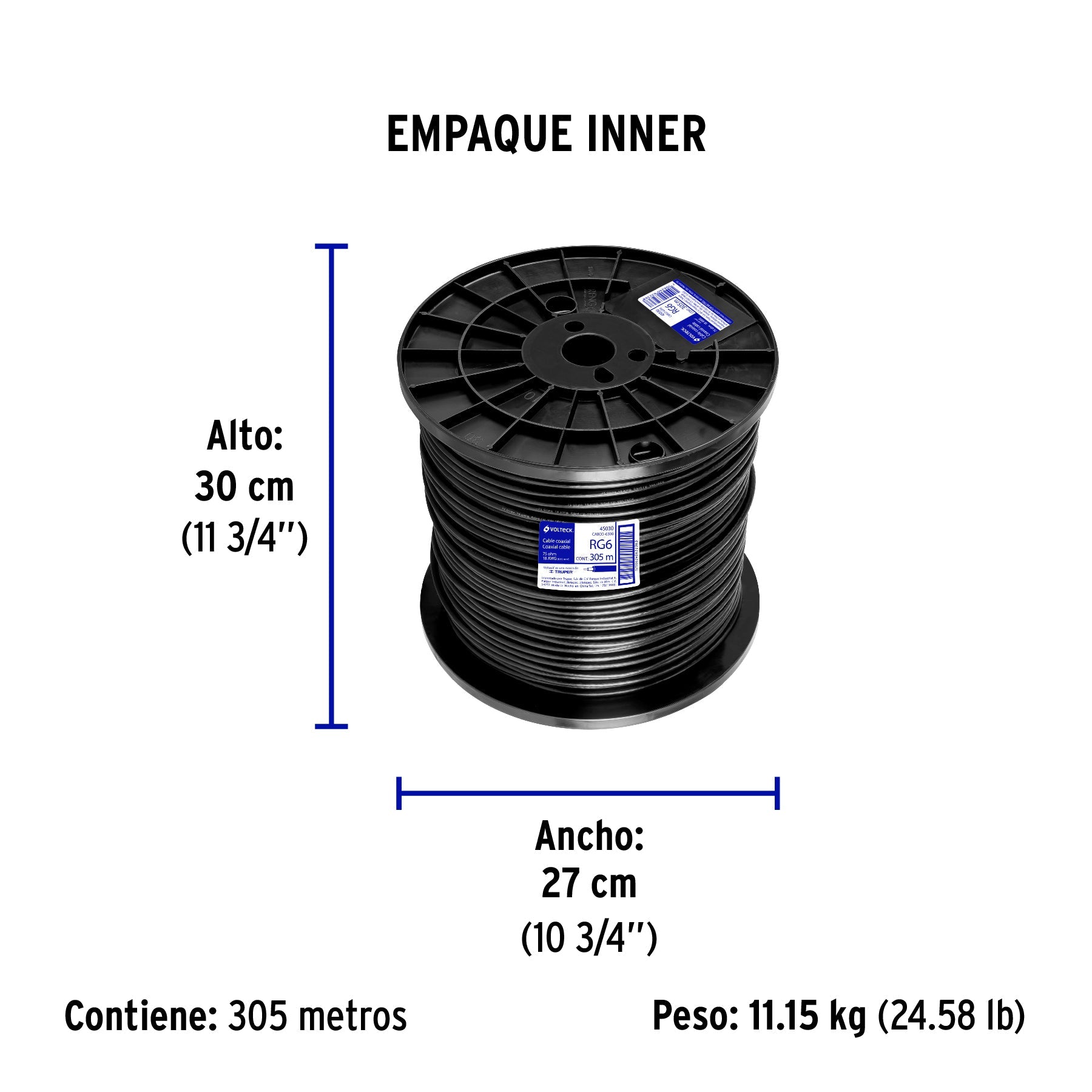 Metro de cable coaxial RG6 en carrete de 305 m, VOLTECK - Empaque