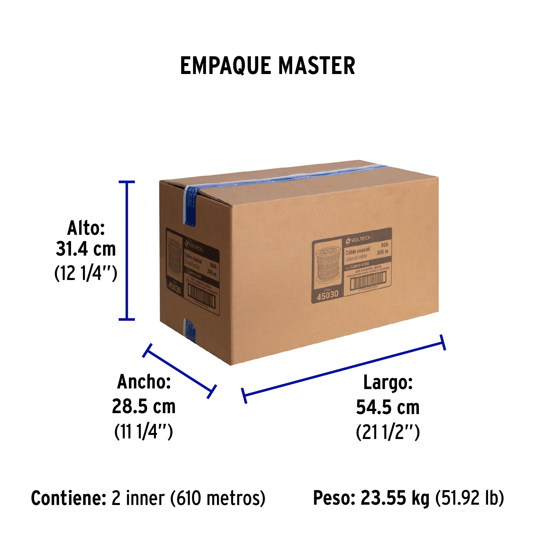 Metro de cable coaxial RG6 en carrete de 305 m, VOLTECK - Empaque