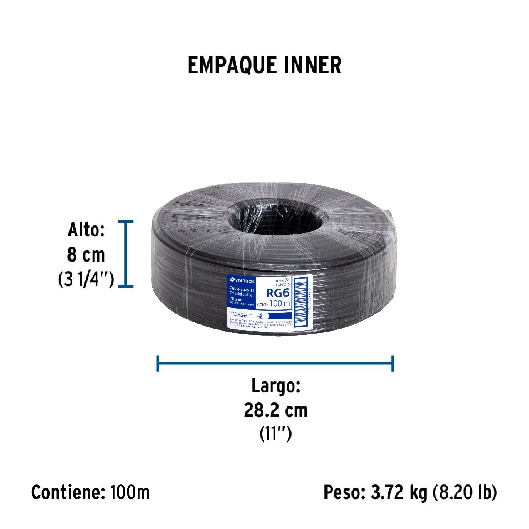 Metro de cable coaxial RG6 en rollo de 100 m, VOLTECK - Empaque