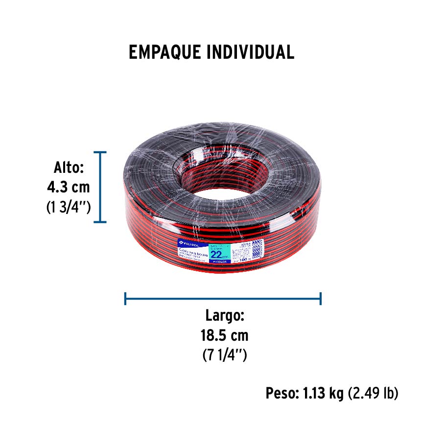 Rollo de 100 m de cable polarizado bicolor p/bocina 22 AWG - Empaque
