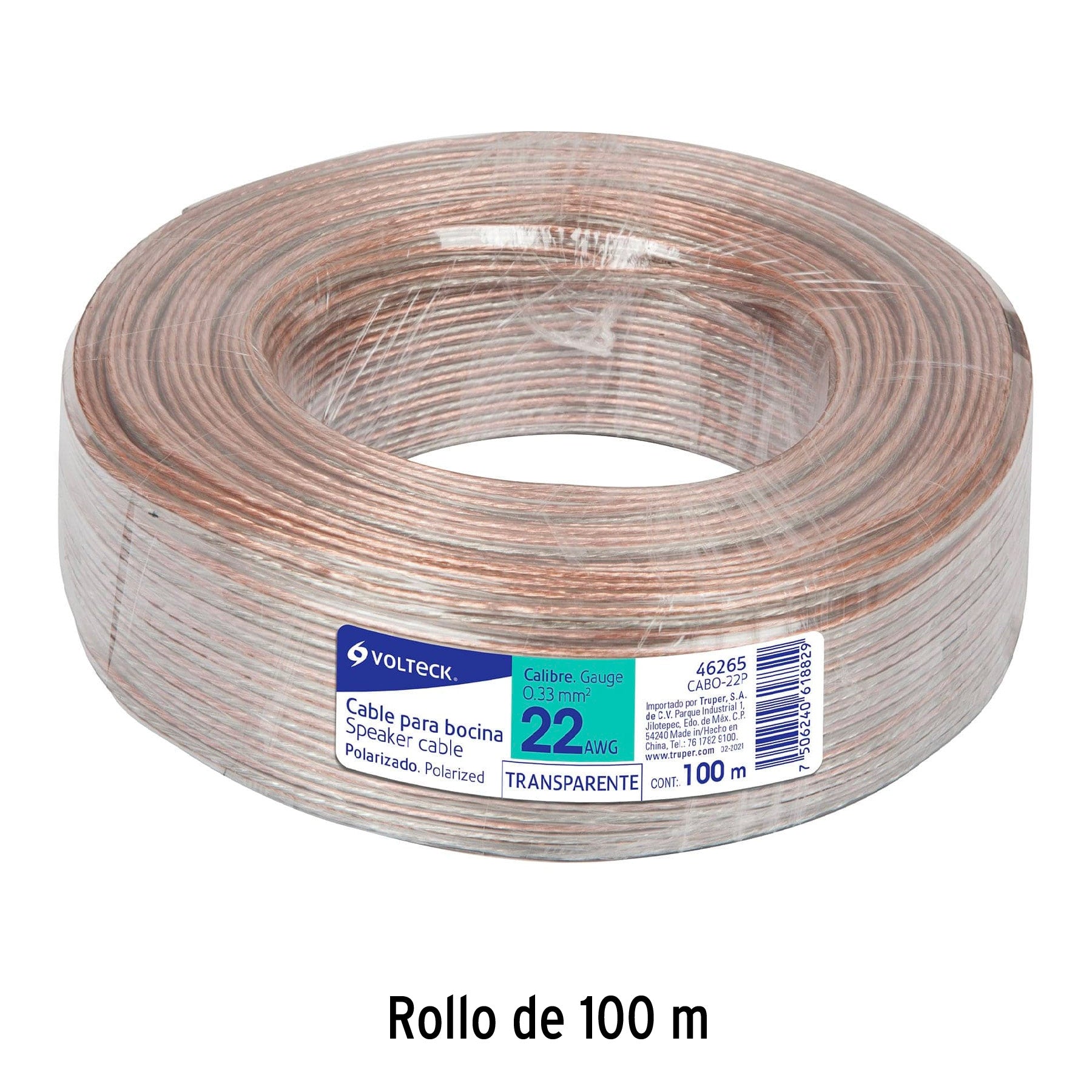 Rollo de 100 m cable polarizado transparente p/bocina 22 AWG