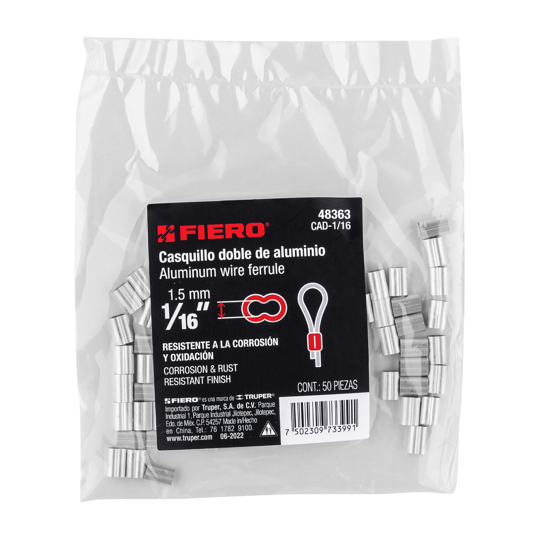 Bolsa con 50 casquillos dobles de aluminio, 1/16", FIERO