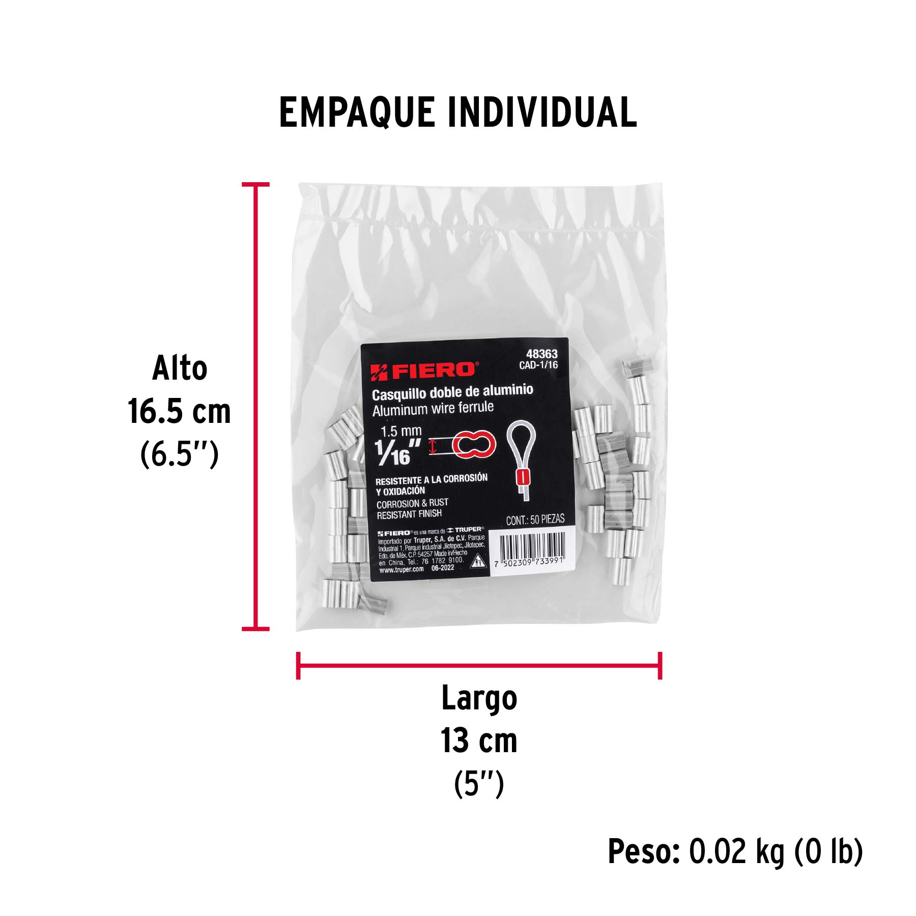 Bolsa con 50 casquillos dobles de aluminio, 1/16", FIERO - Empaque