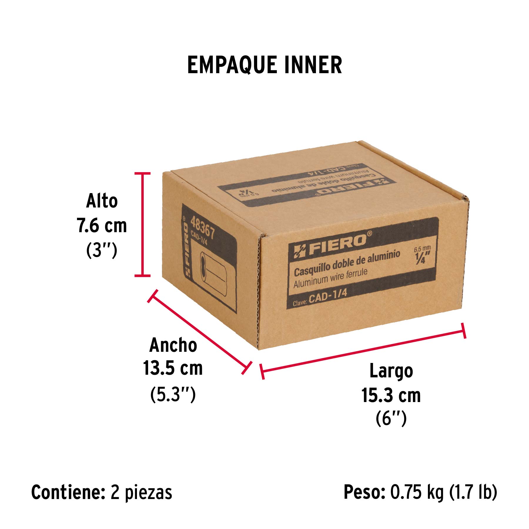 Bolsa con 50 casquillos dobles de aluminio, 1/4", FIERO - Empaque