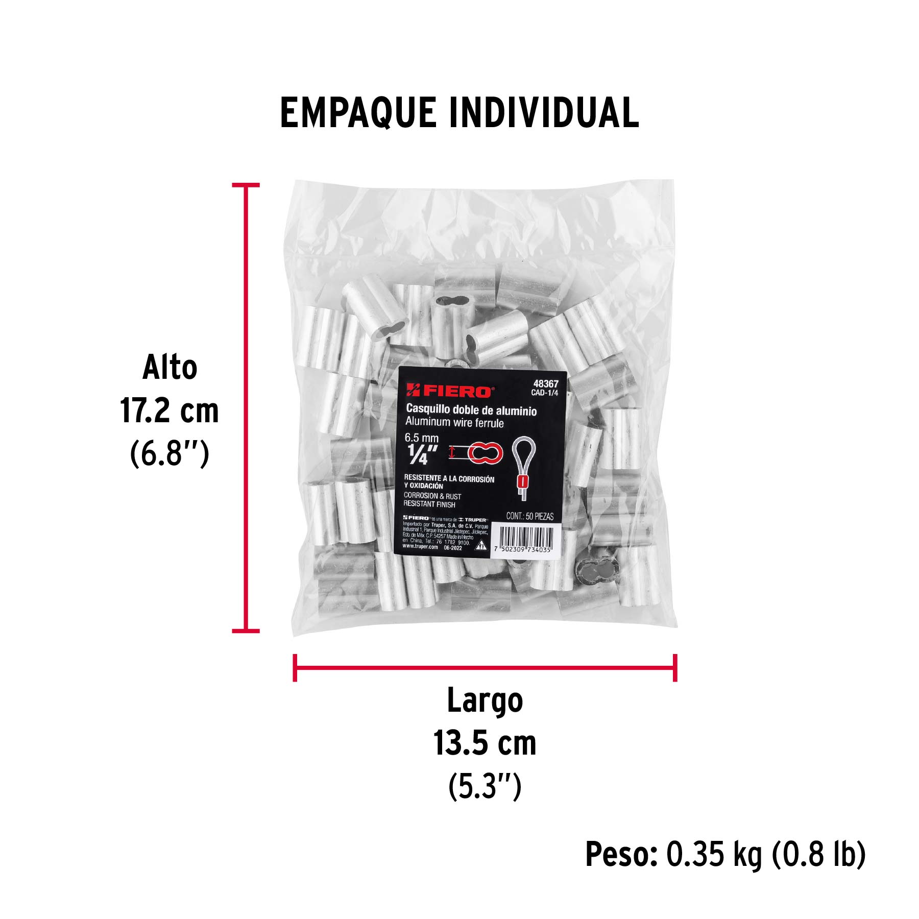 Bolsa con 50 casquillos dobles de aluminio, 1/4", FIERO - Empaque