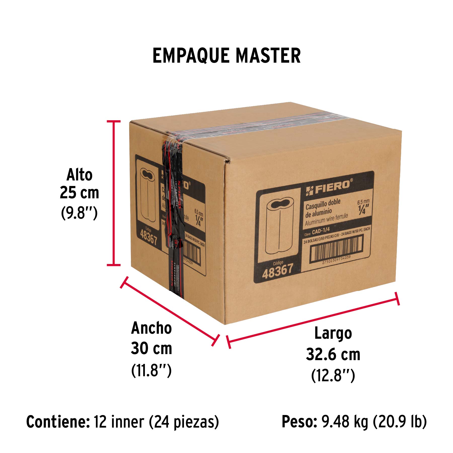Bolsa con 50 casquillos dobles de aluminio, 1/4", FIERO - Empaque