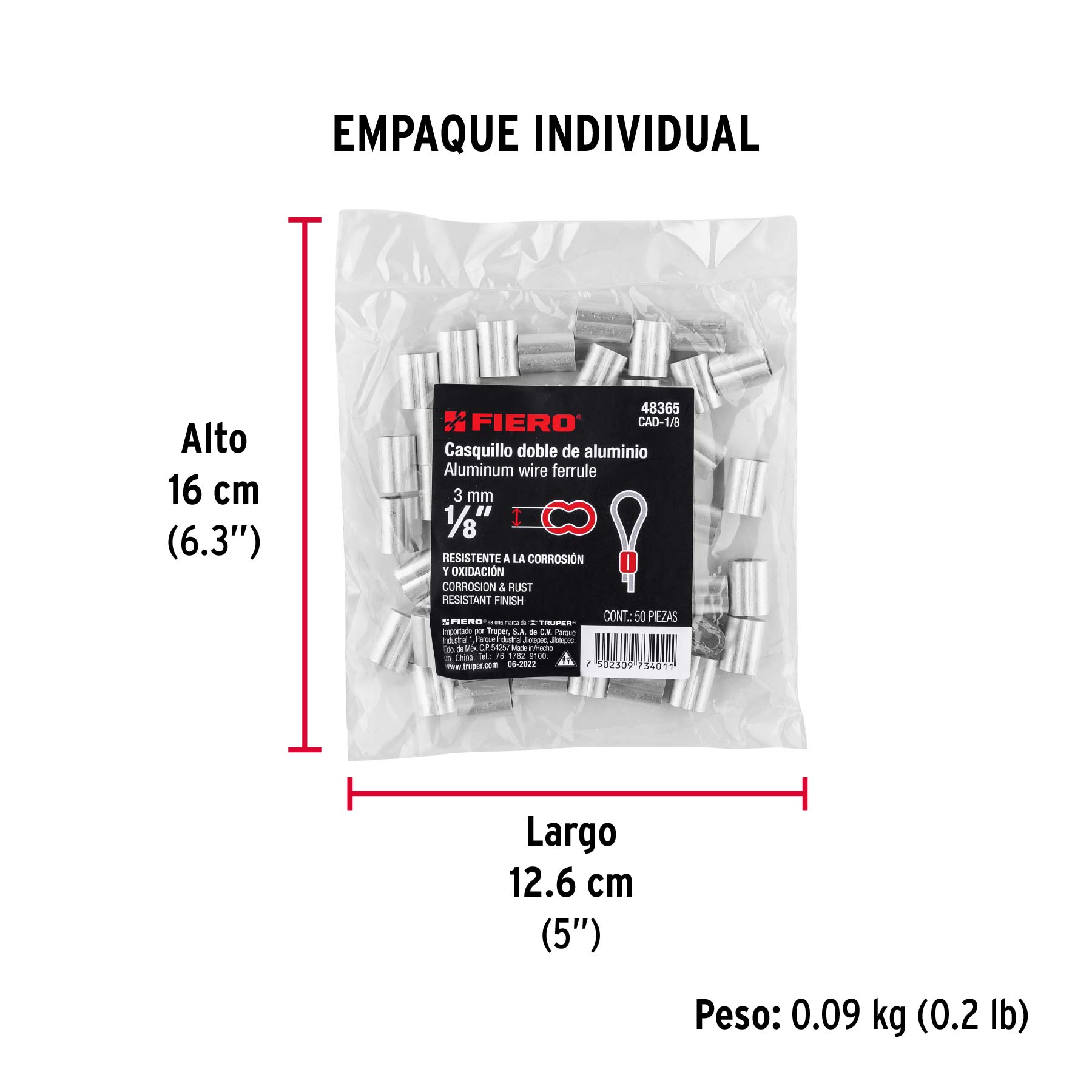 Bolsa con 50 casquillos dobles de aluminio, 1/8", FIERO - Empaque