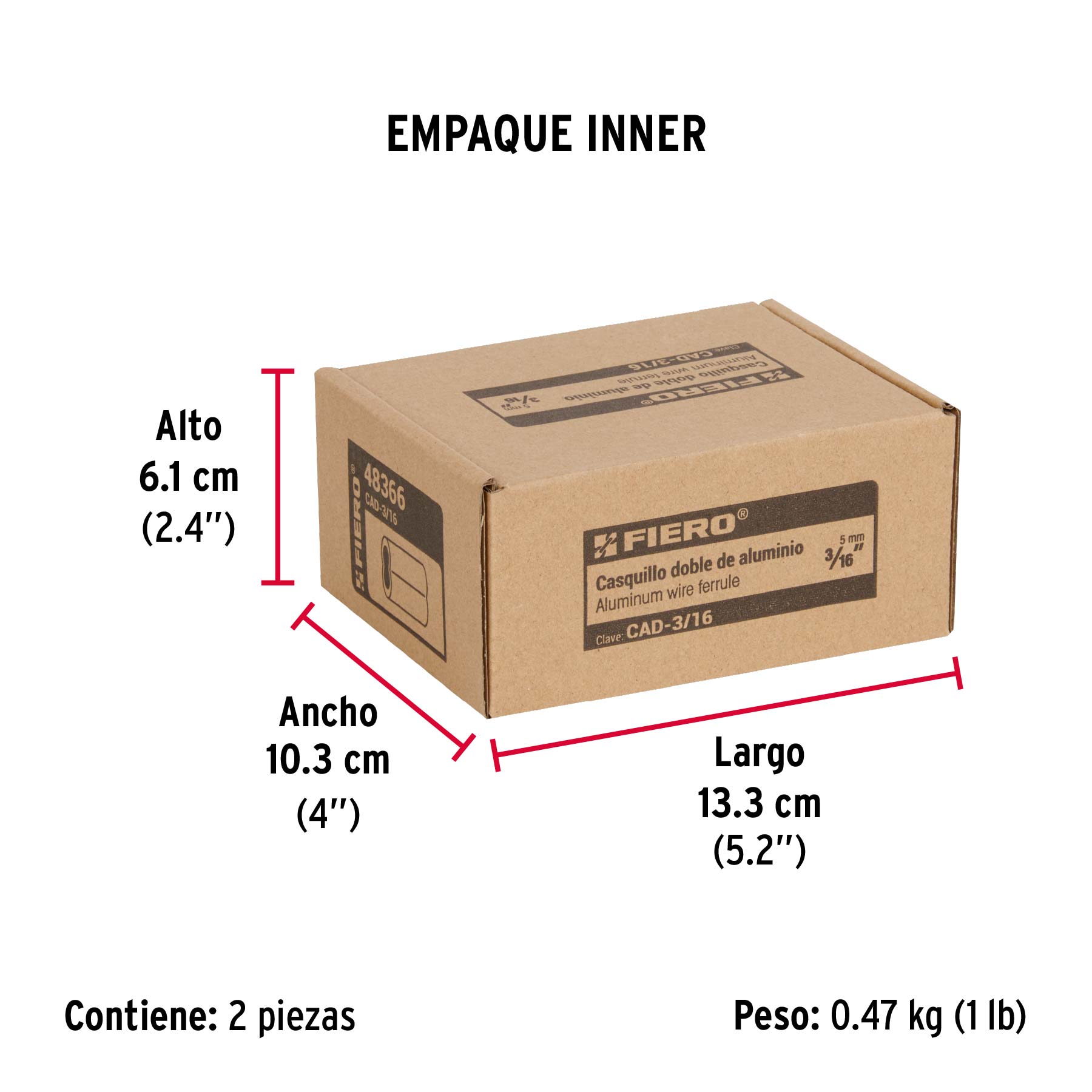 Bolsa con 50 casquillos dobles de aluminio, 3/16", FIERO - Empaque