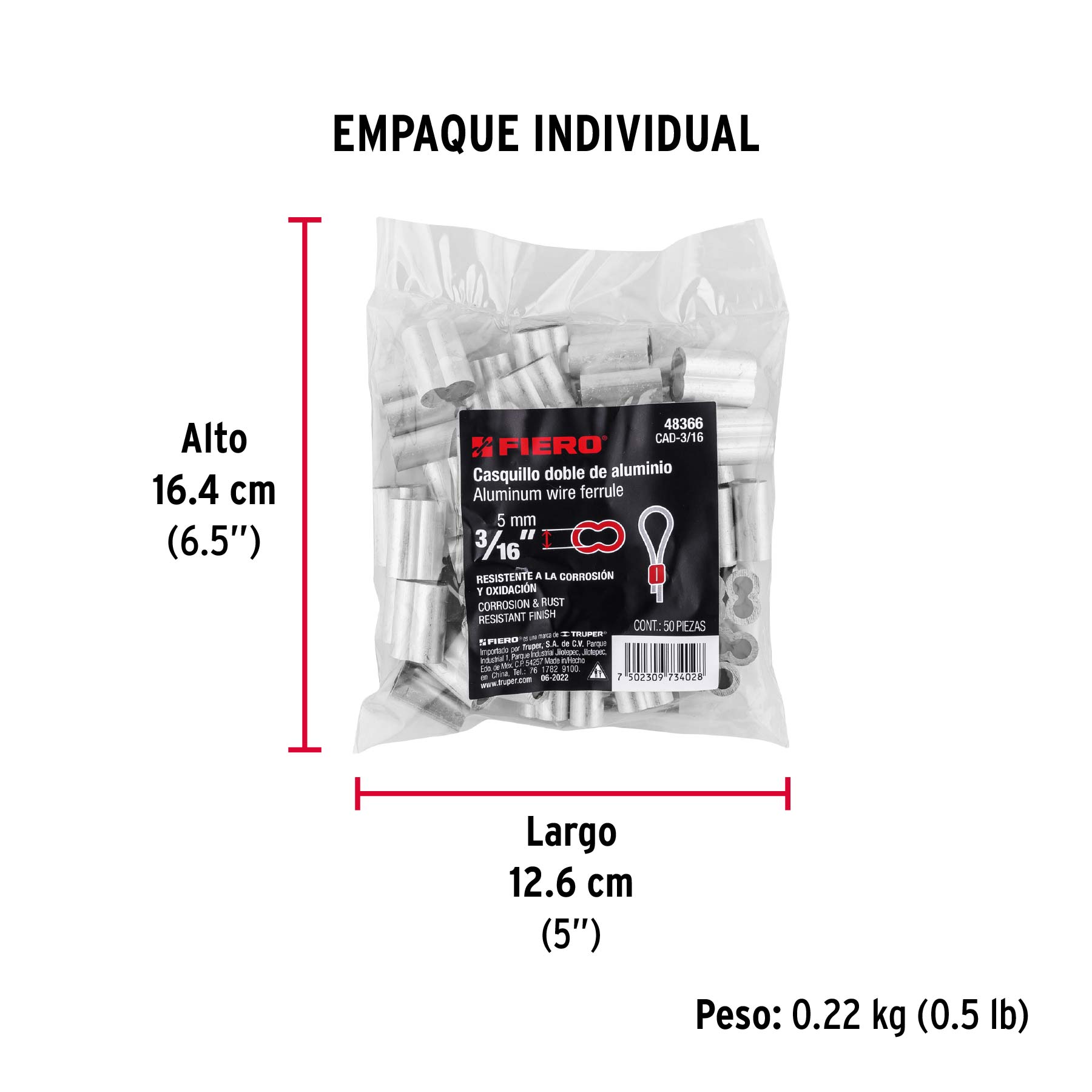 Bolsa con 50 casquillos dobles de aluminio, 3/16", FIERO - Empaque
